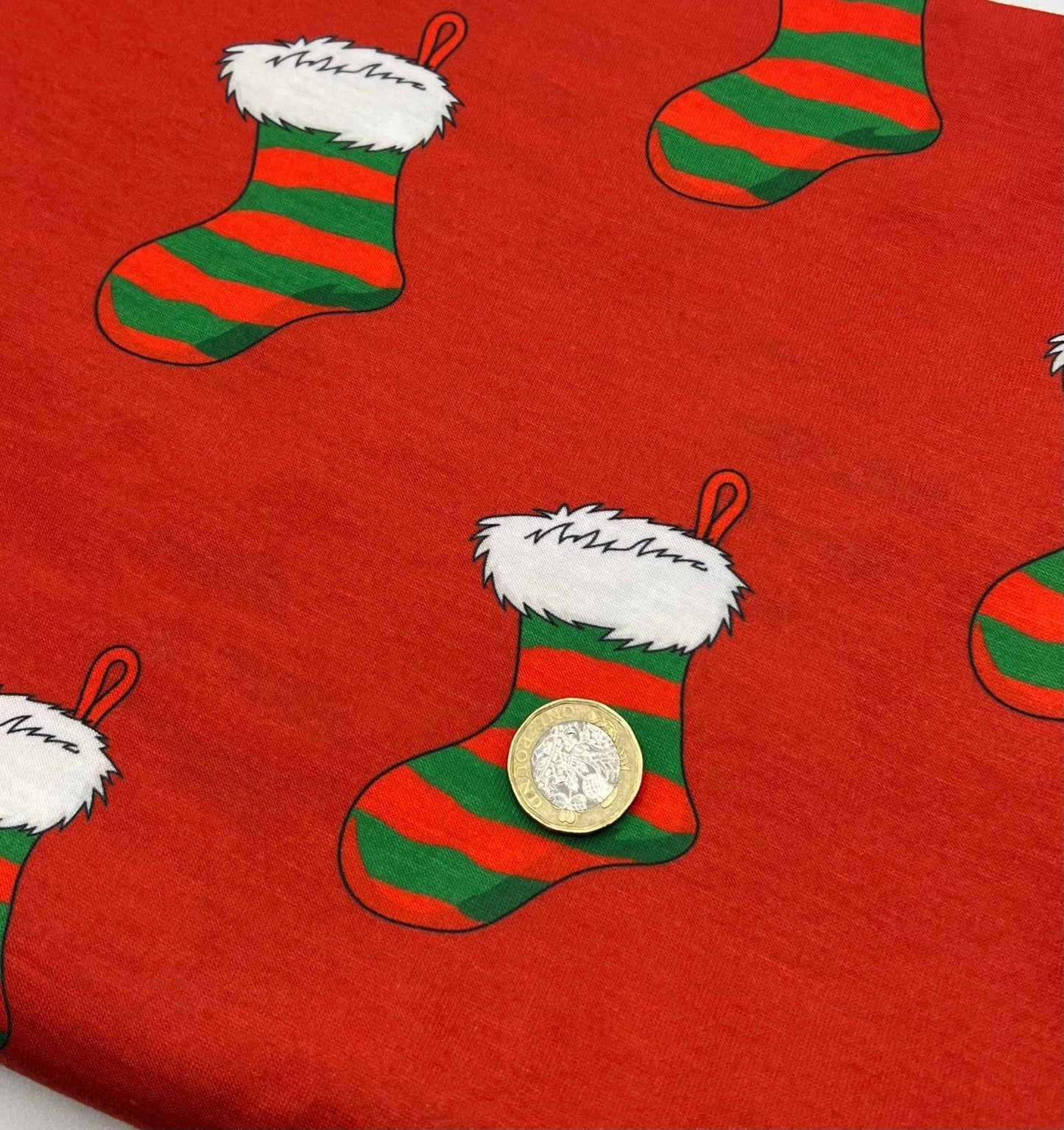 Red Stocking Print Soft Spun Poly Stretch Fabric - T9 Fabrics
