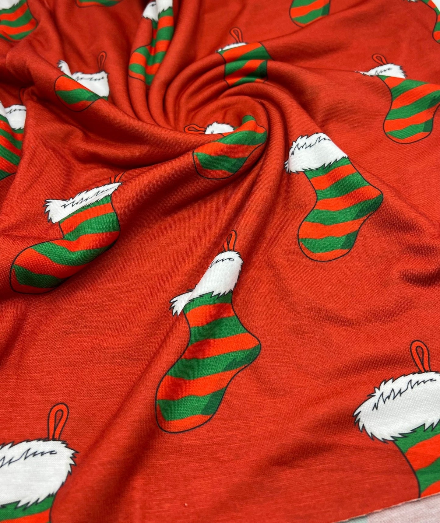 Red Stocking Print Soft Spun Poly Stretch Fabric - T9 Fabrics