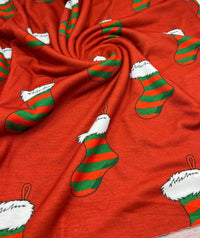 Red Stocking Print Soft Spun Poly Stretch Fabric - T9 Fabrics