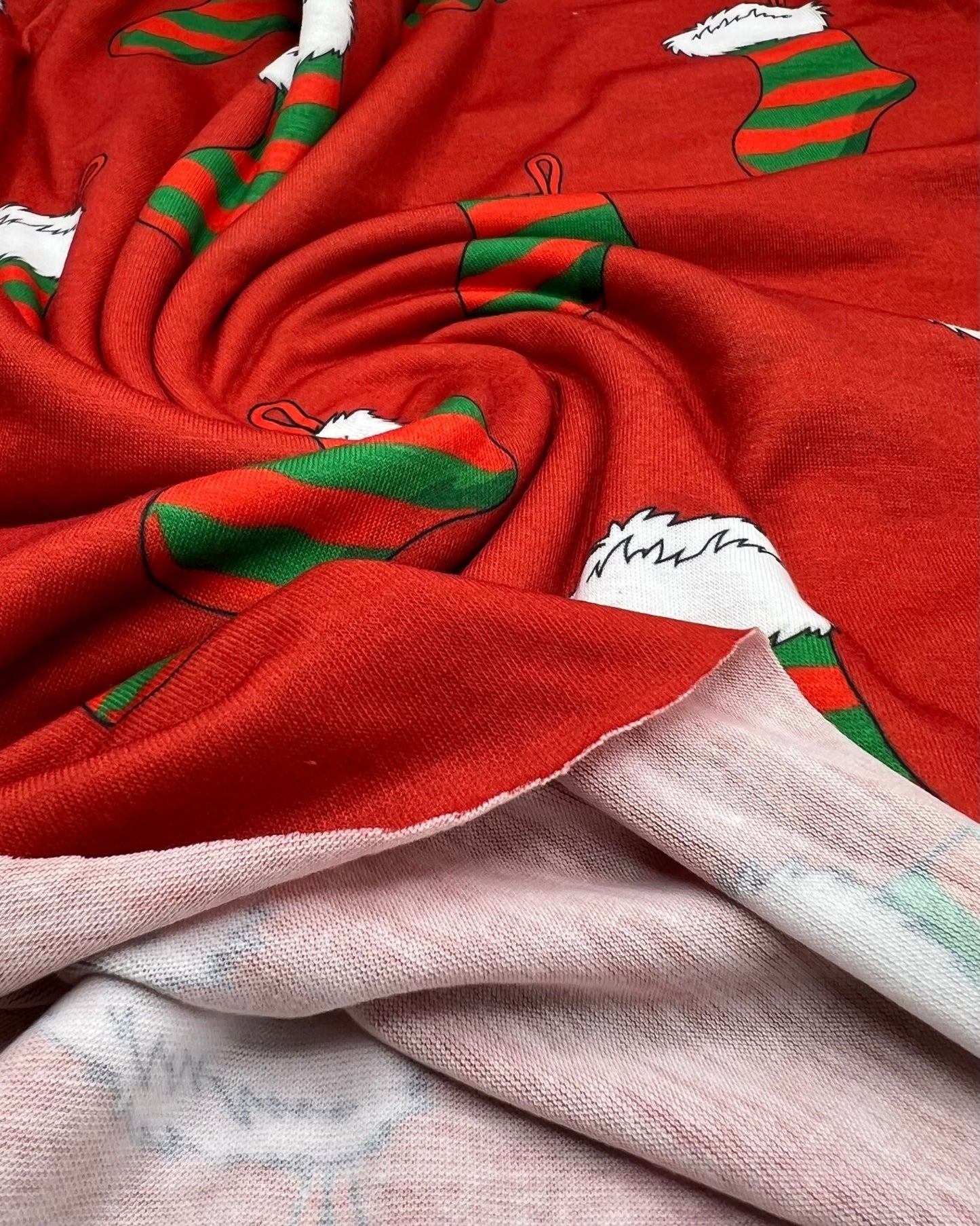 Red Stocking Print Soft Spun Poly Stretch Fabric - T9 Fabrics