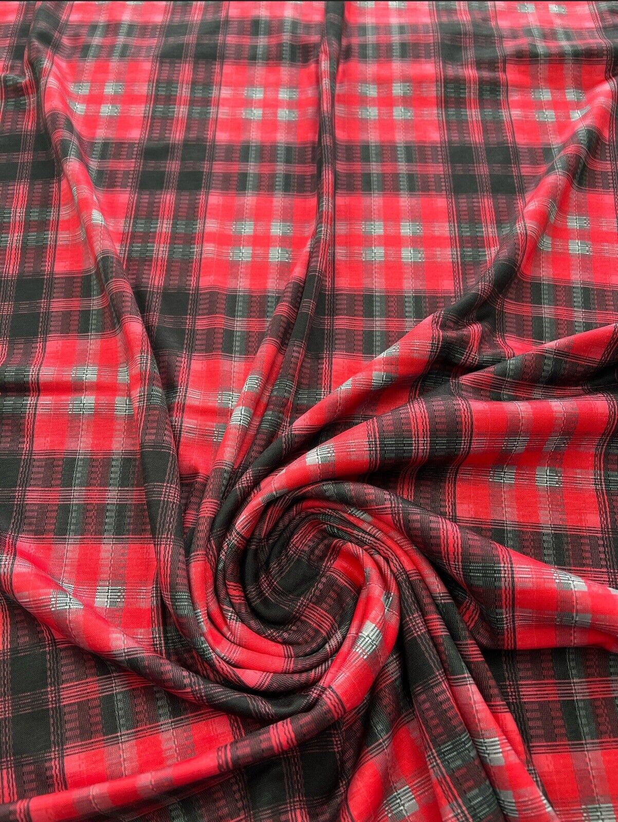 Red Tartan Print Polyester Stretch Jersey - T9 Fabrics