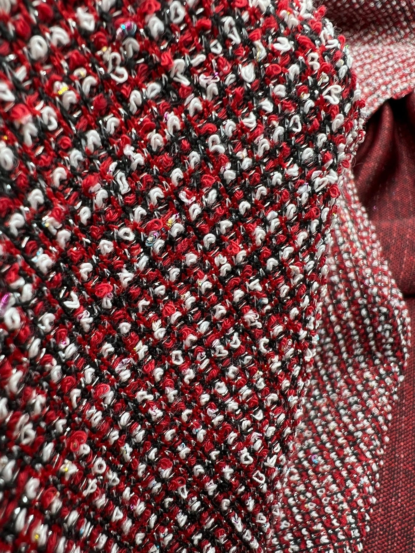 Red White Black Silver Thread Boucle 2 Way Stretch Fabric - T9 Fabrics