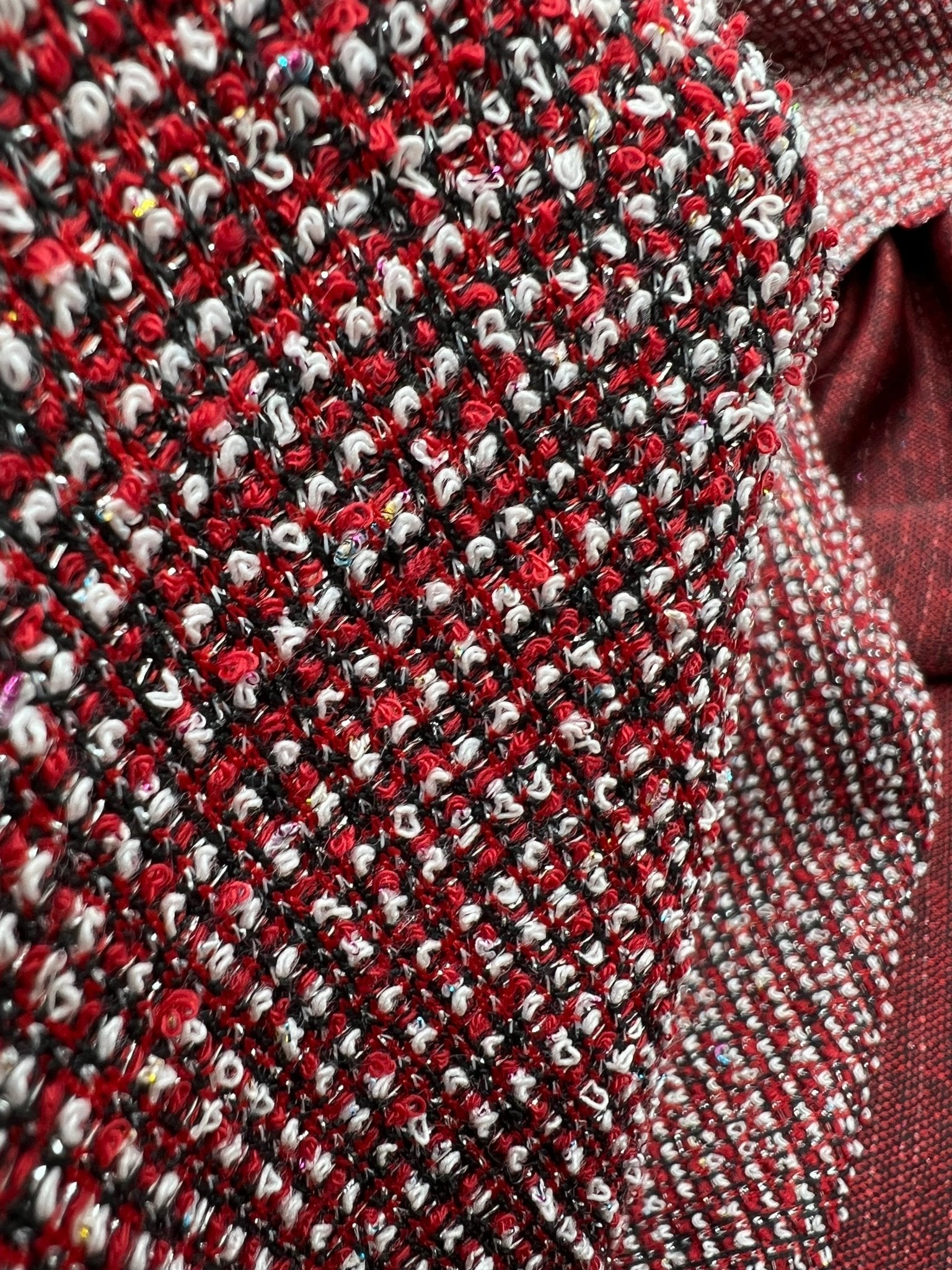 Red White Black Silver Thread Boucle 2 Way Stretch Fabric - T9 Fabrics