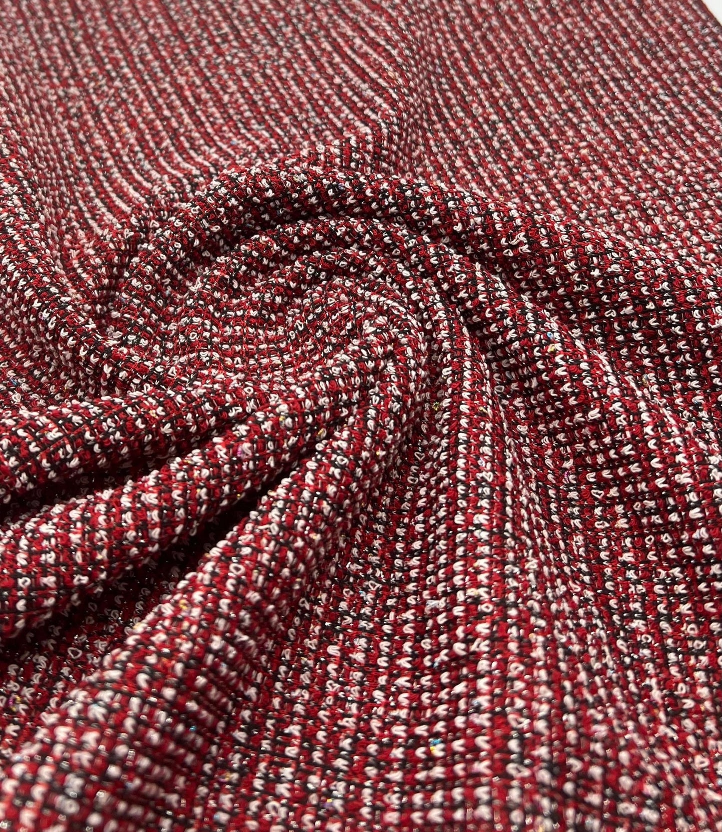 Red White Black Silver Thread Boucle 2 Way Stretch Fabric - T9 Fabrics