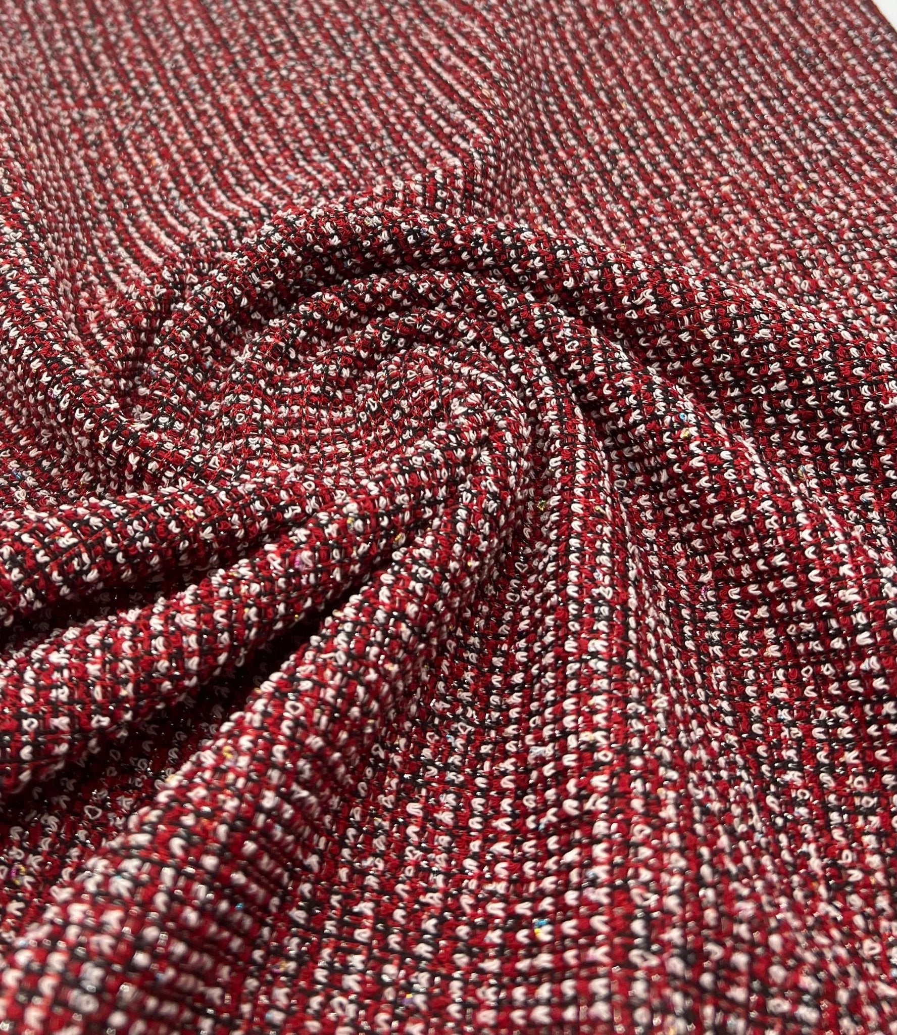 Red White Black Silver Thread Boucle 2 Way Stretch Fabric - T9 Fabrics