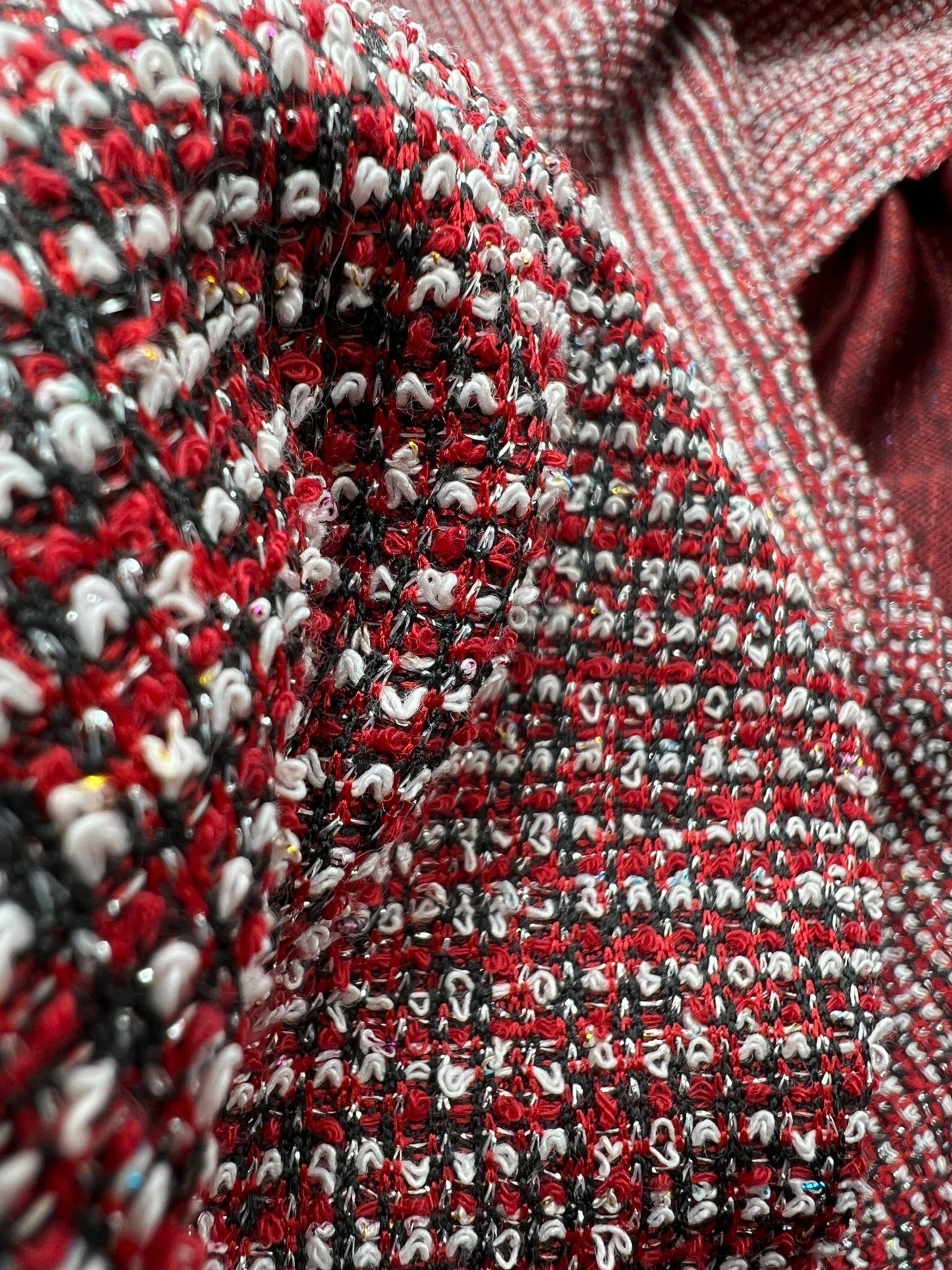 Red White Black Silver Thread Boucle 2 Way Stretch Fabric - T9 Fabrics