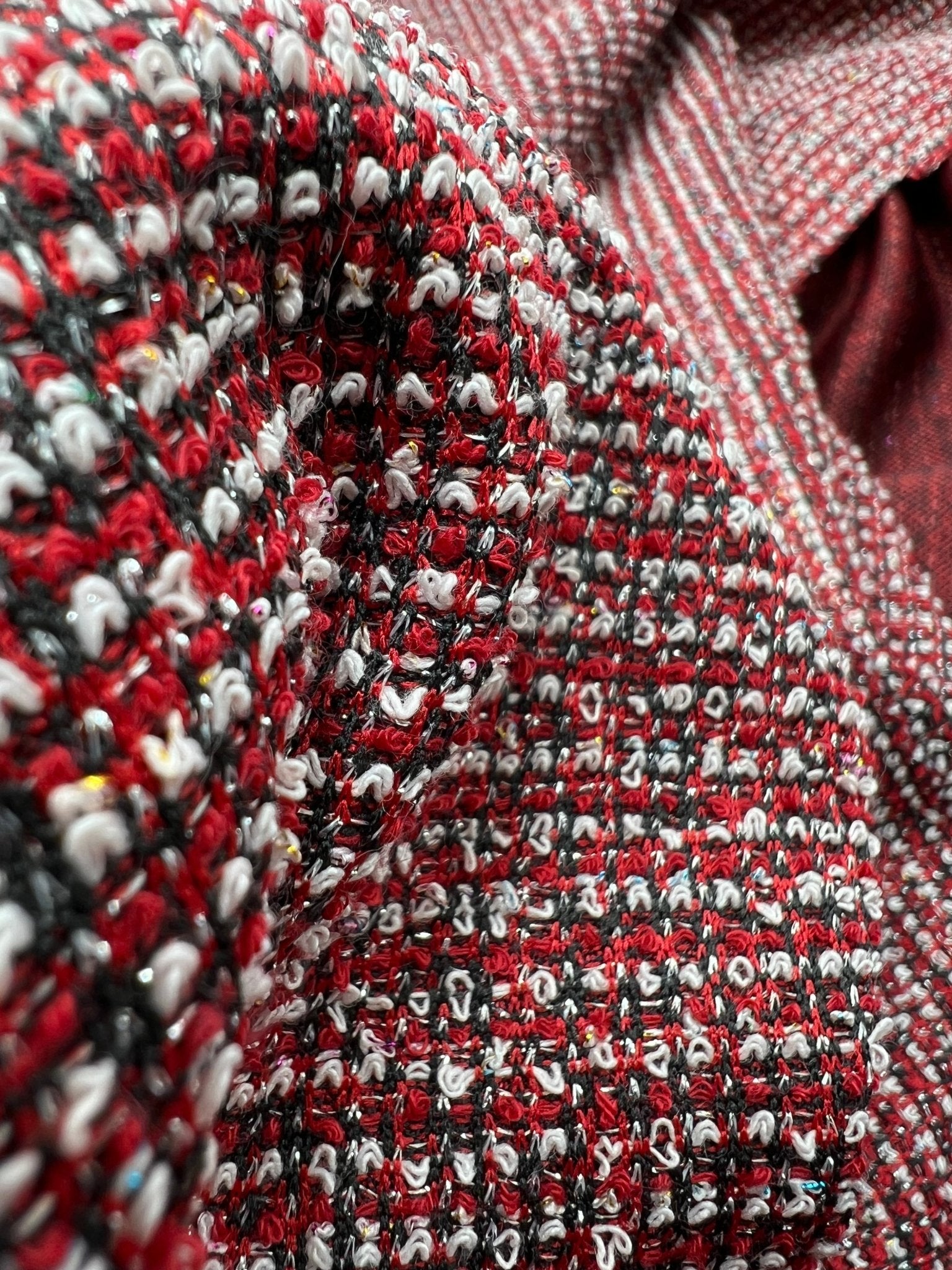 Red White Black Silver Thread Boucle 2 Way Stretch Fabric - T9 Fabrics