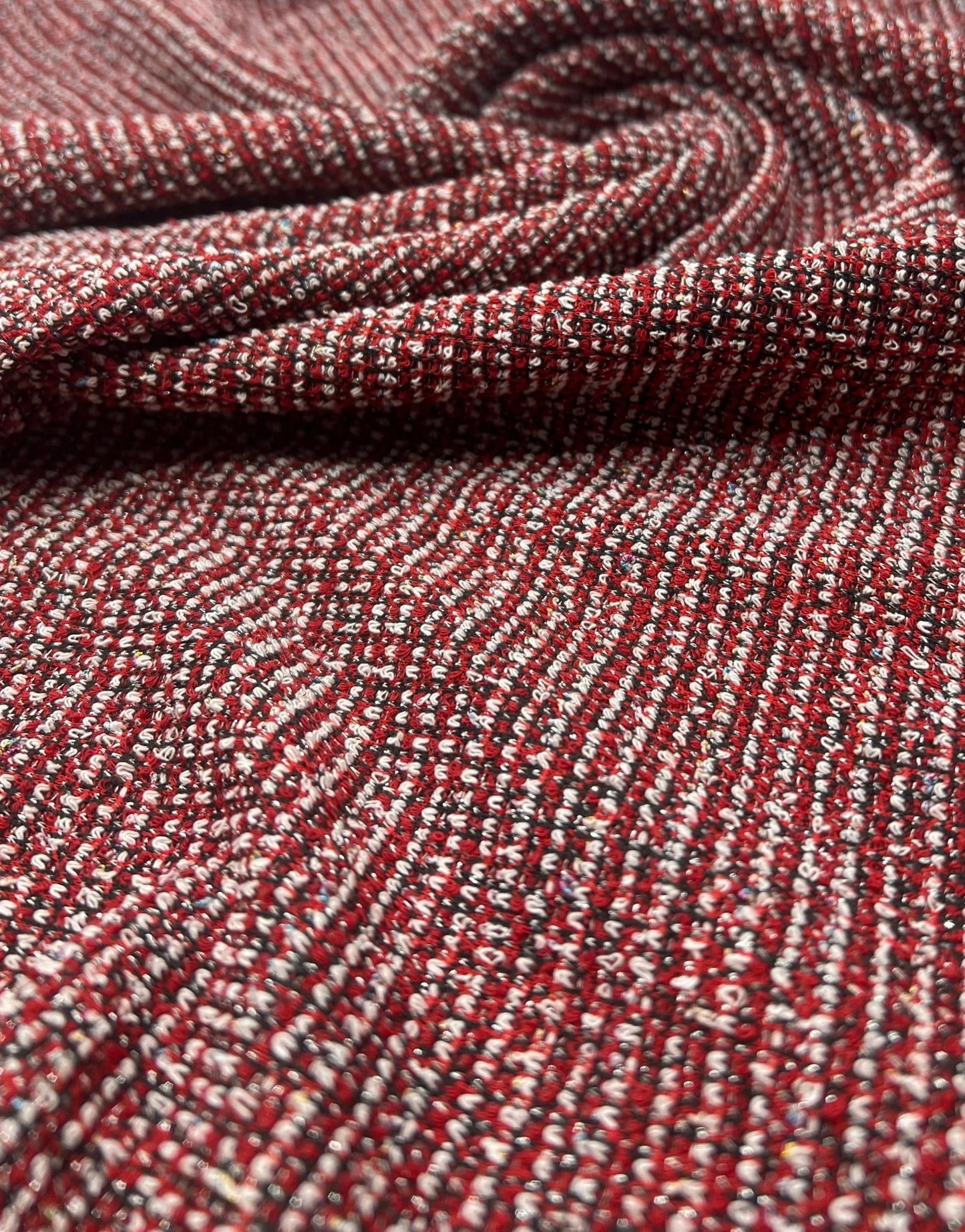 Red White Black Silver Thread Boucle 2 Way Stretch Fabric - T9 Fabrics
