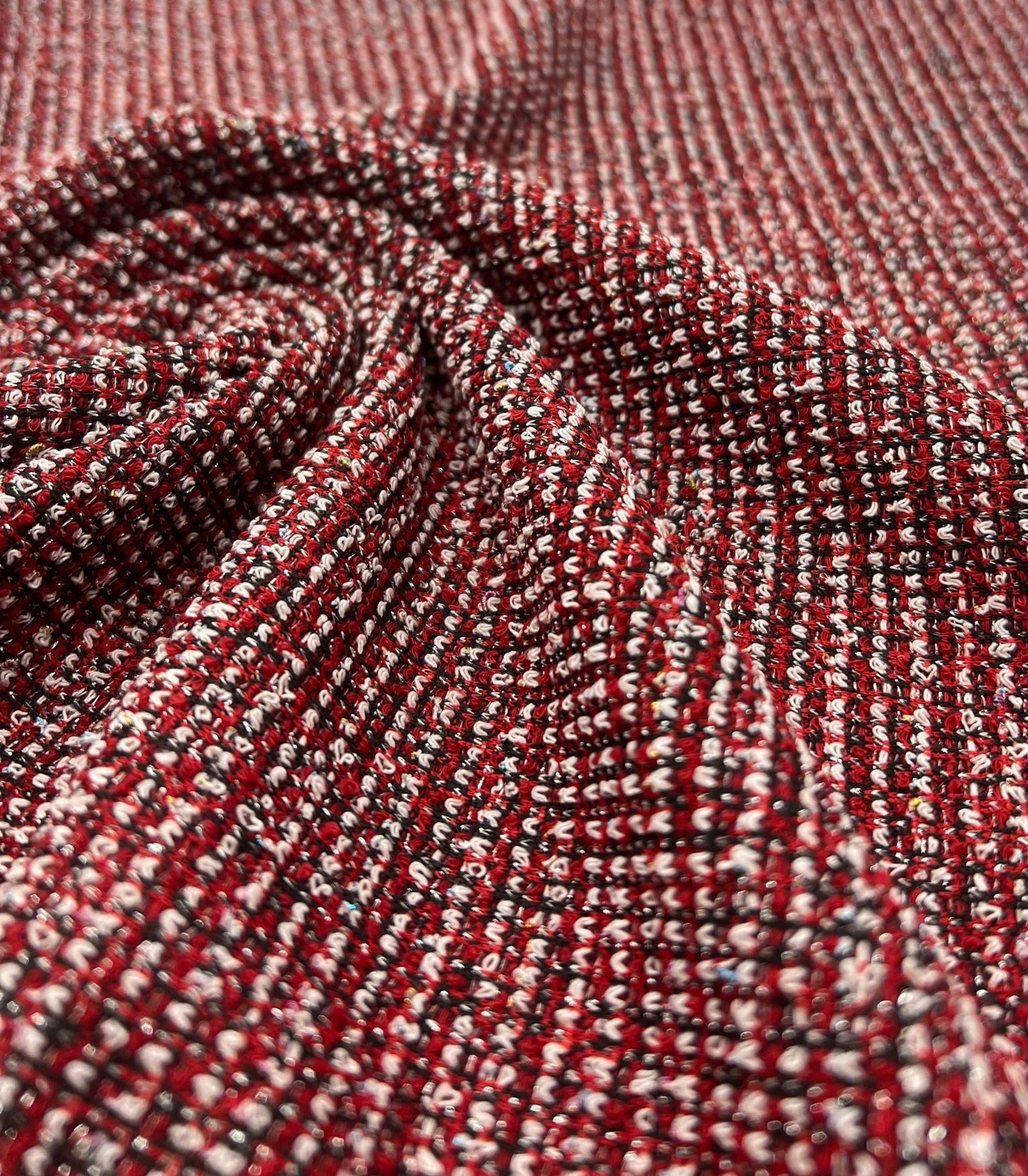 Red White Black Silver Thread Boucle 2 Way Stretch Fabric - T9 Fabrics