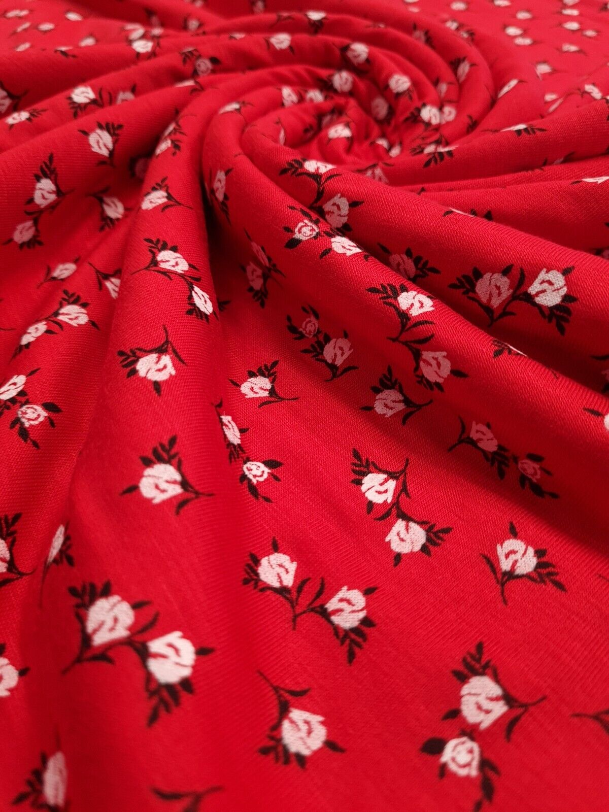 Red White Ditsy Floral Print Viscose Elastane Fabric - T9 Fabrics