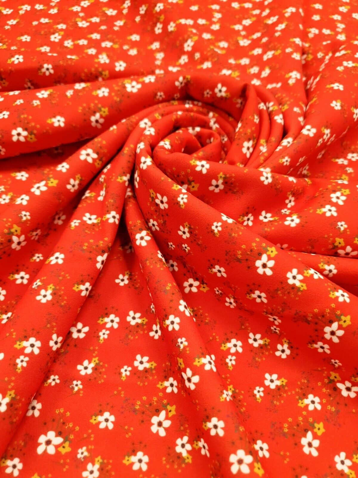 Red & White Ditsy Floral Printed Scuba Crepe Jersey Fabric 4 Way Stretch - T9 Fabrics