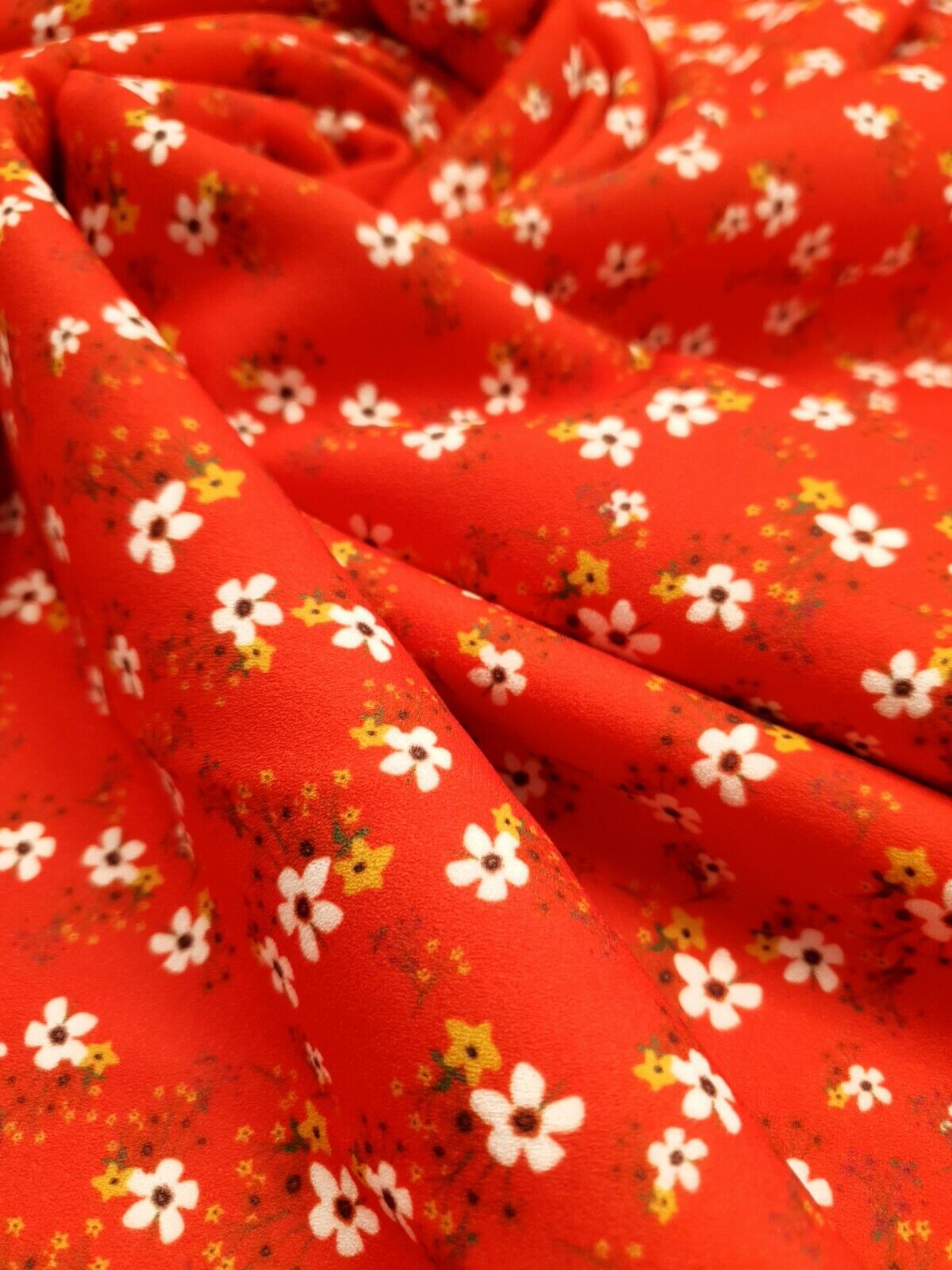 Red & White Ditsy Floral Printed Scuba Crepe Jersey Fabric 4 Way Stretch - T9 Fabrics