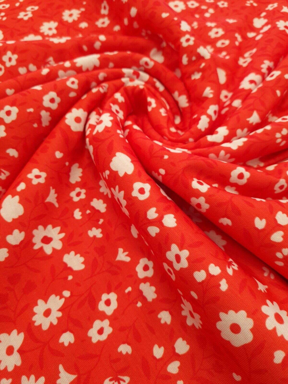 Red & White Floral Print Spun Poly Stretch Fabric - T9 Fabrics