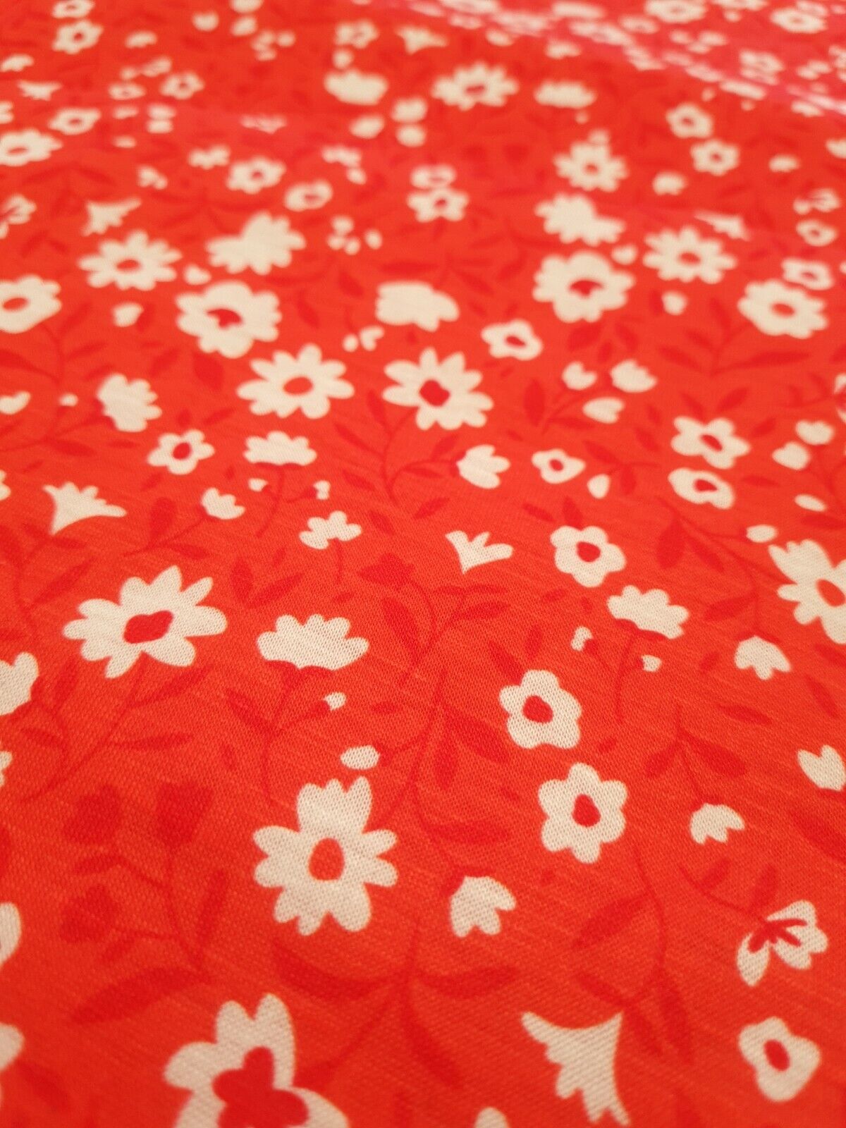 Red & White Floral Print Spun Poly Stretch Fabric - T9 Fabrics