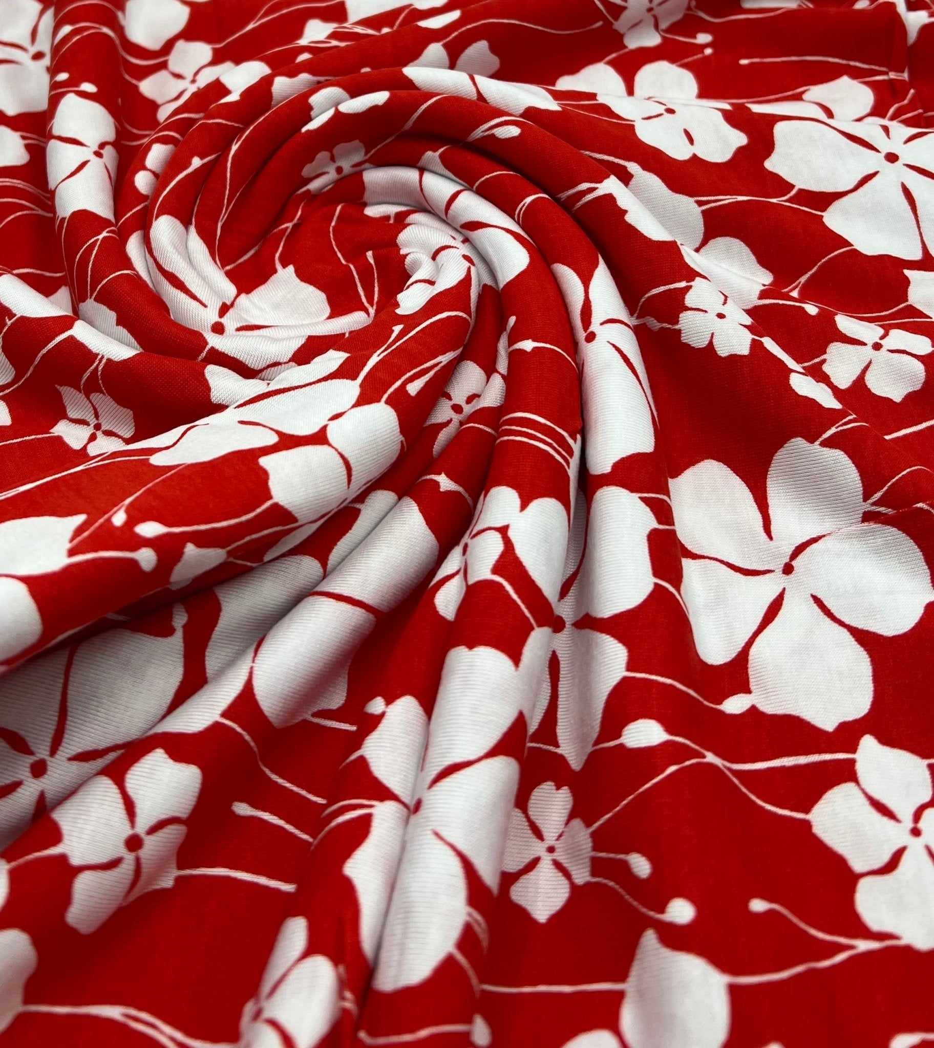 Red White Flower Print Viscose Elastane Fabric - T9 Fabrics