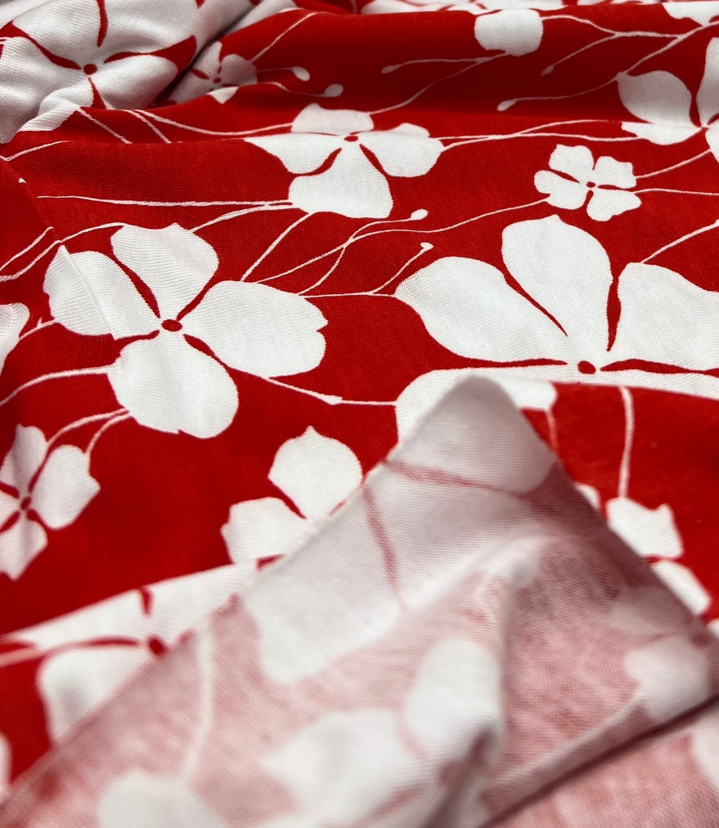 Red White Flower Print Viscose Elastane Fabric - T9 Fabrics