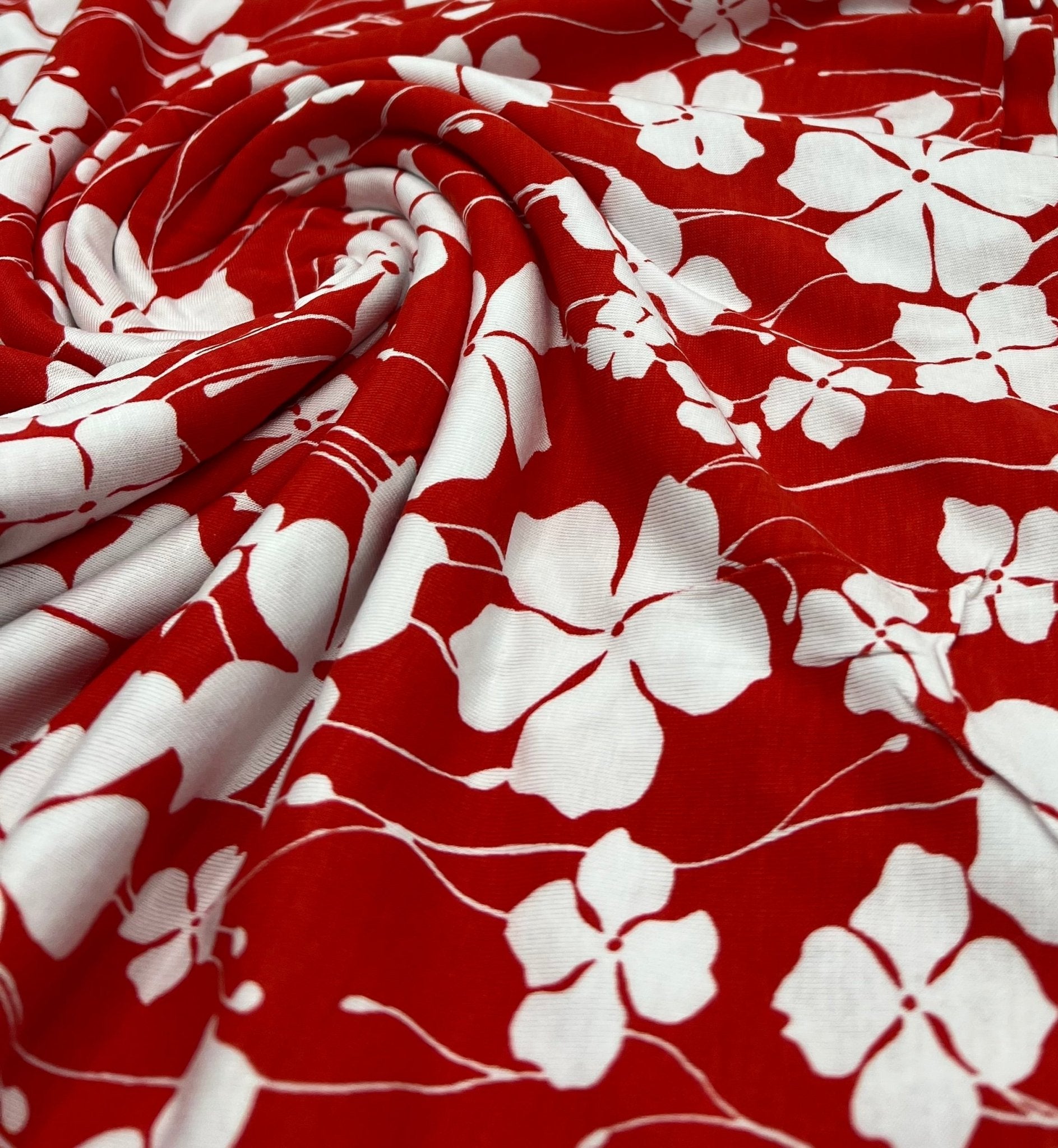 Red White Flower Print Viscose Elastane Fabric - T9 Fabrics