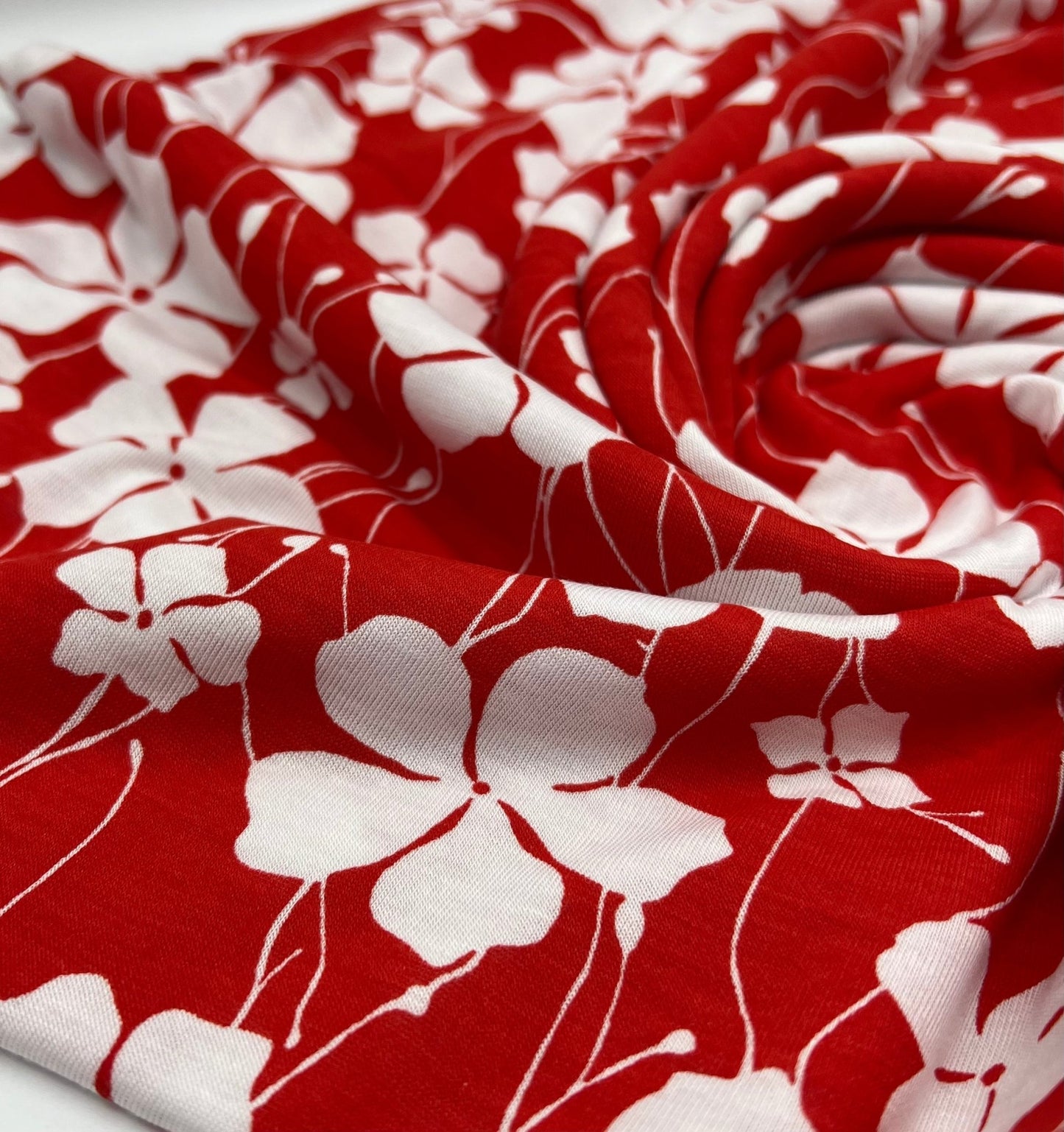 Red White Flower Print Viscose Elastane Fabric - T9 Fabrics