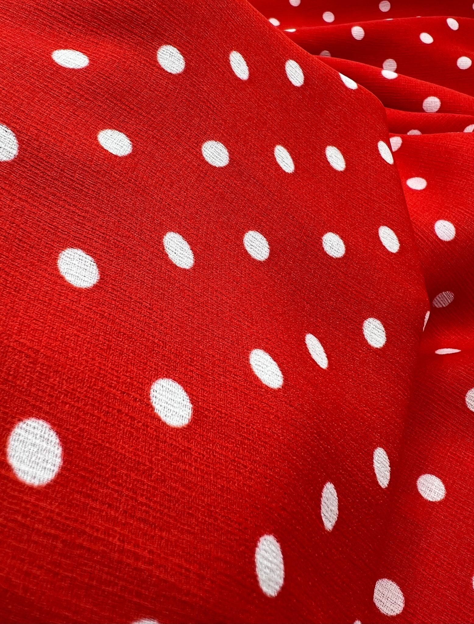 Red White Polka Spot Lightweight Crepe Non Stretch Fabric - T9 Fabrics