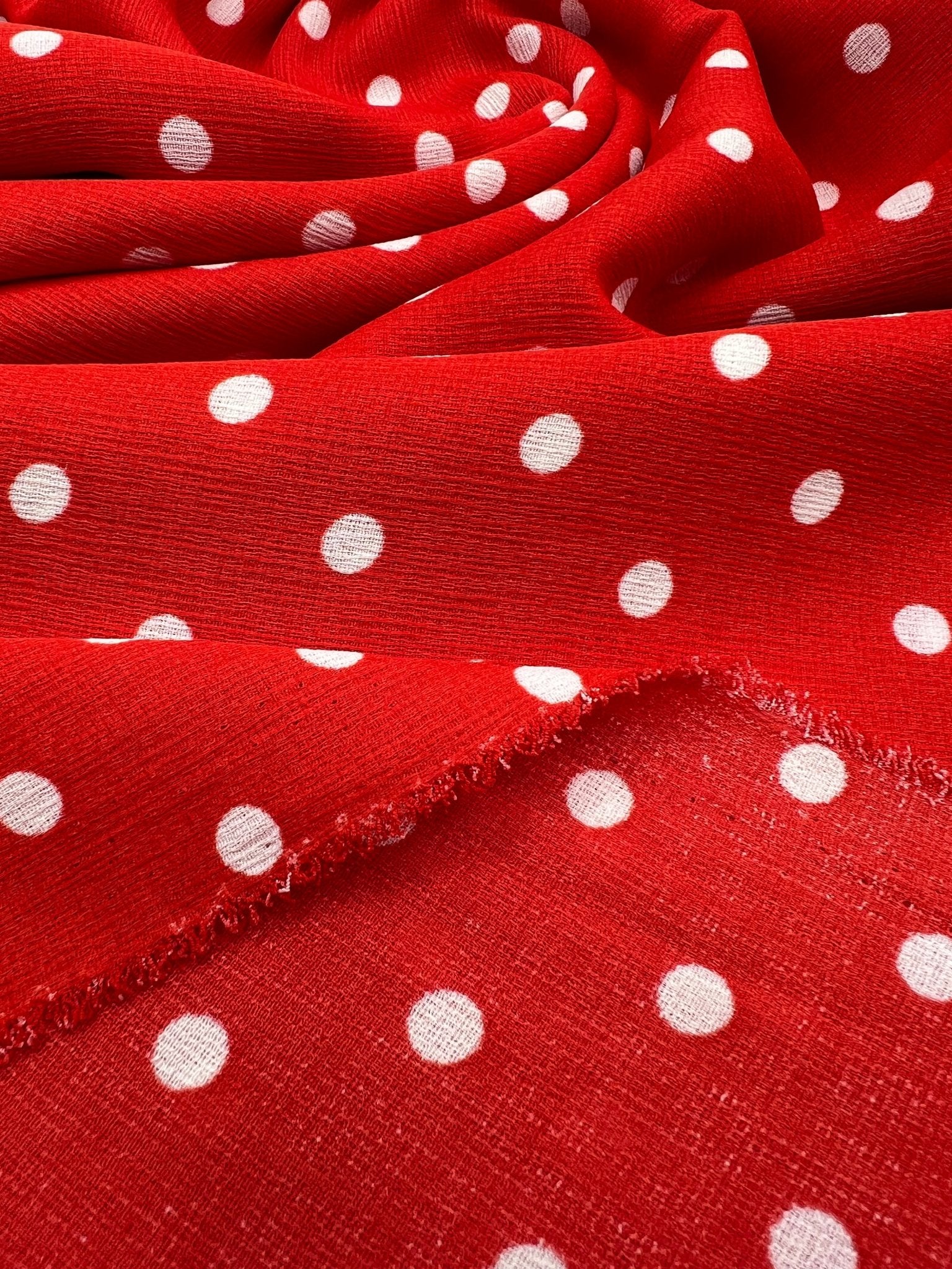 Red White Polka Spot Lightweight Crepe Non Stretch Fabric - T9 Fabrics