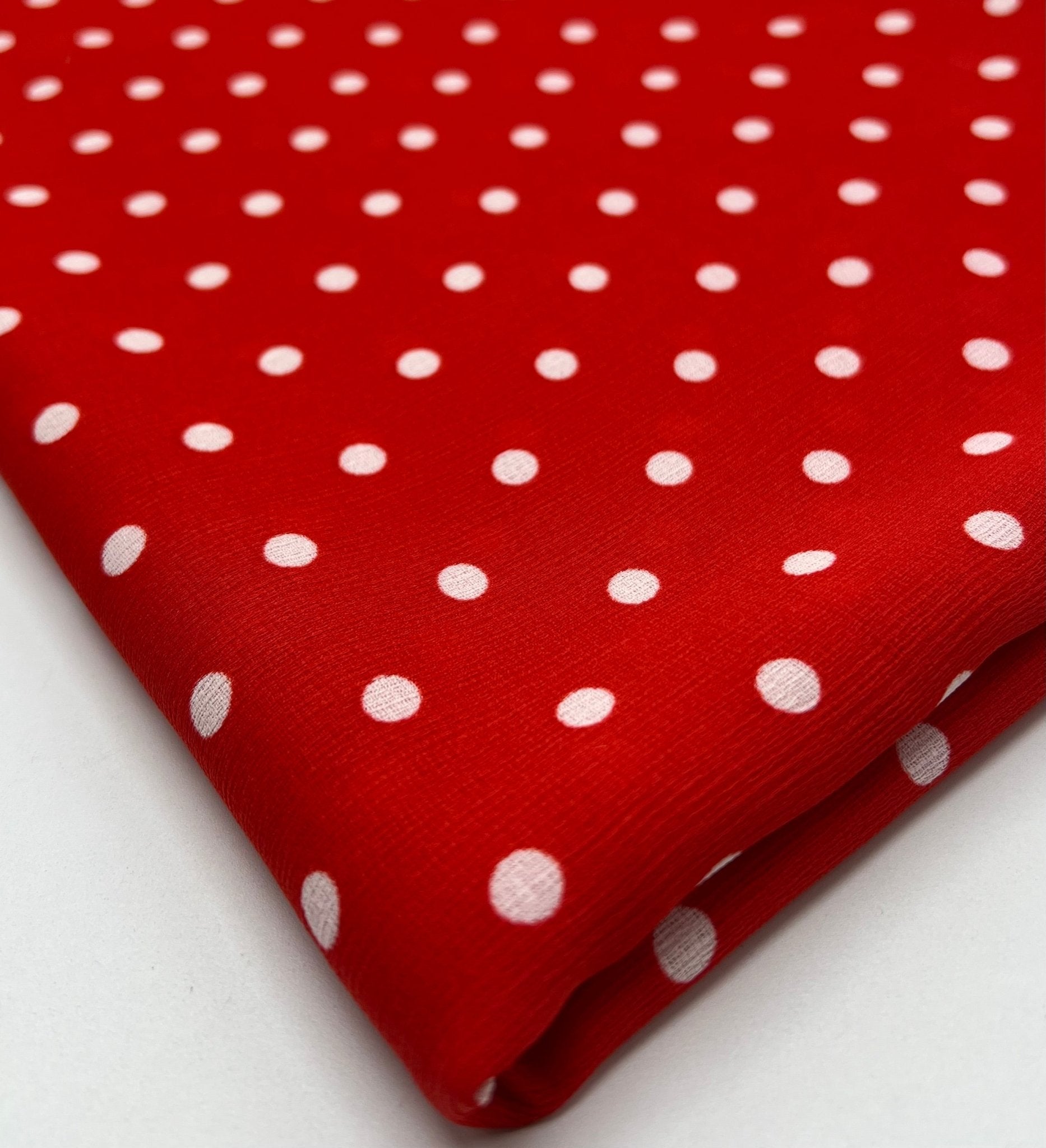 Red White Polka Spot Lightweight Crepe Non Stretch Fabric - T9 Fabrics