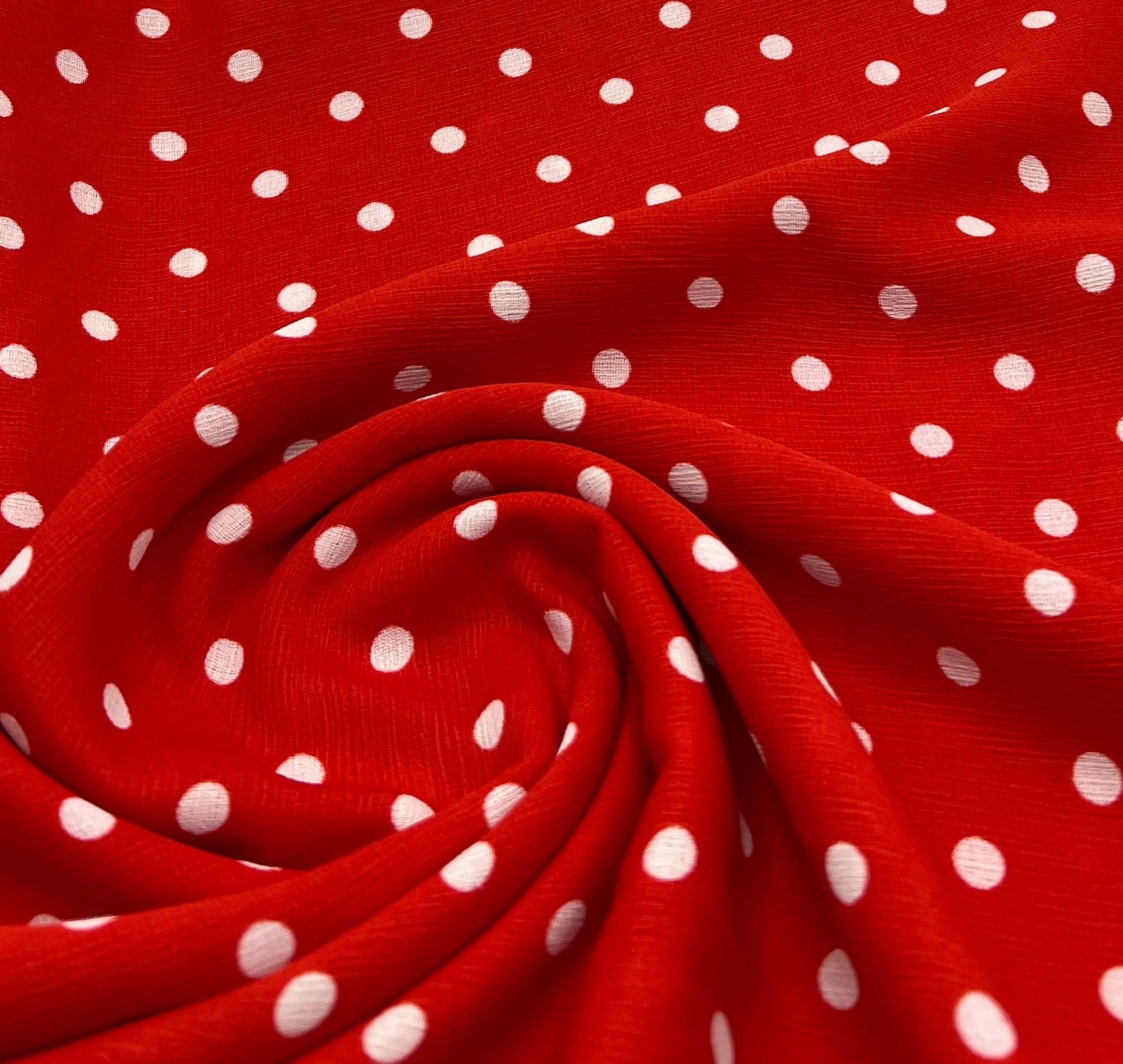 Red White Polka Spot Lightweight Crepe Non Stretch Fabric - T9 Fabrics