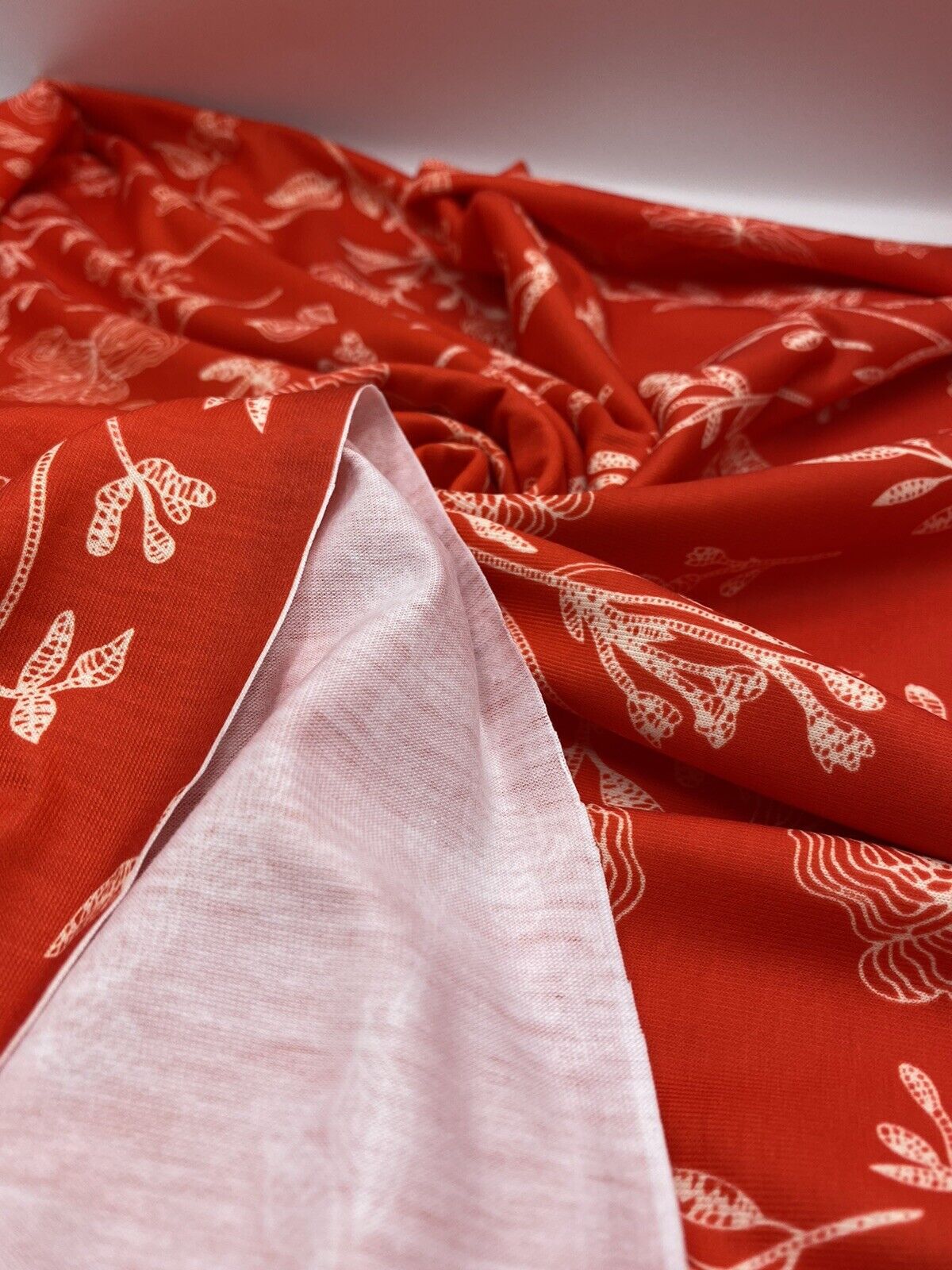 Red & White Sketch Floral Print Spun Poly Stretch Fabric - T9 Fabrics