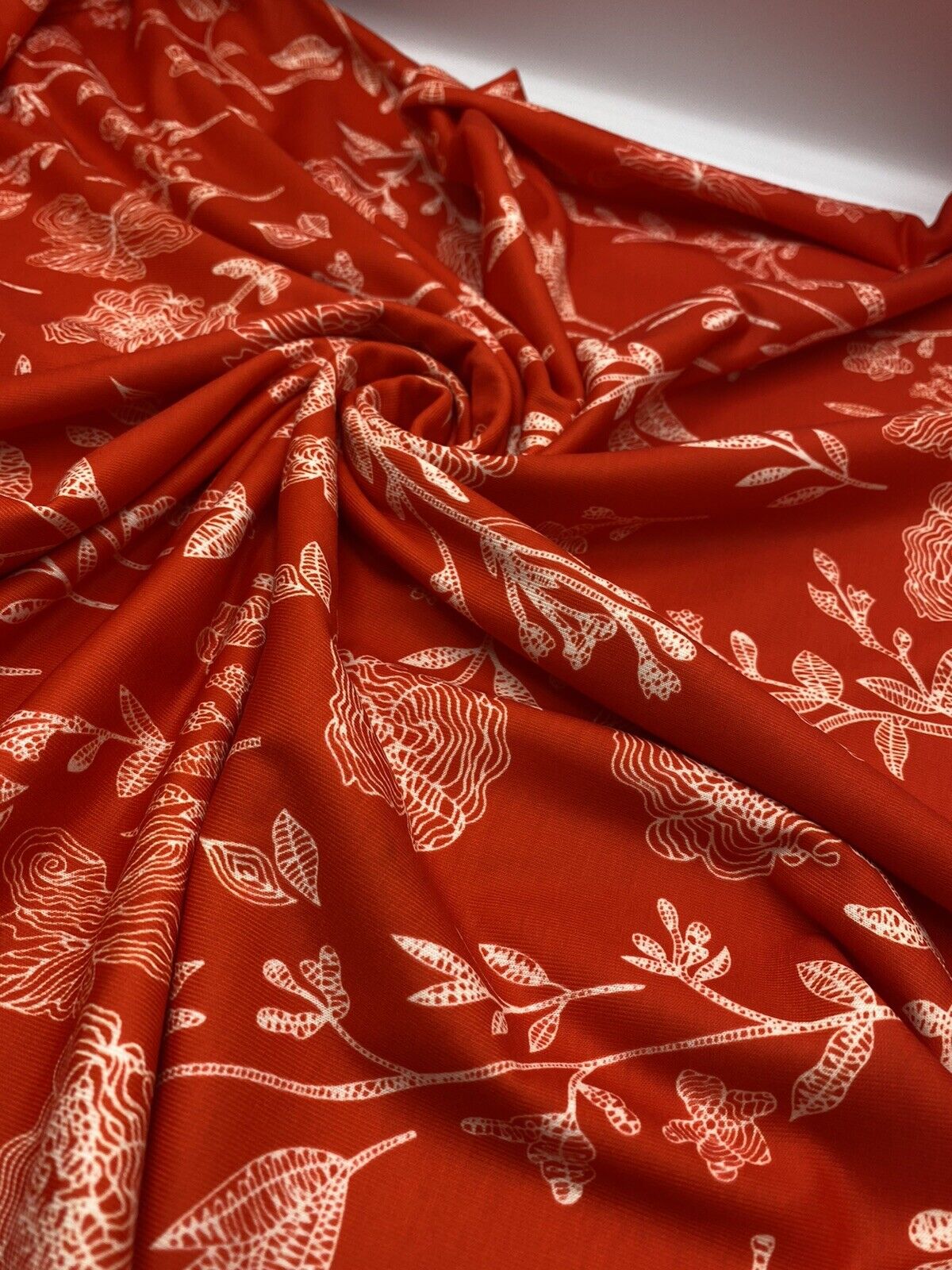 Red & White Sketch Floral Print Spun Poly Stretch Fabric - T9 Fabrics