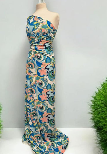 Retro Teal Blue Pink Print ITY Fabric 4 Way Stretch - T9 Fabrics
