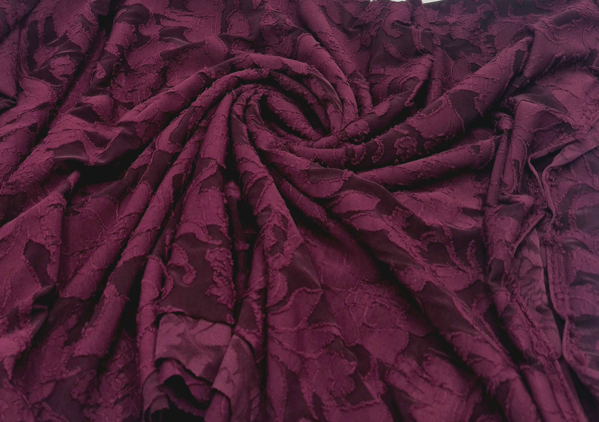 Plum Floral Burnout Jacquard 2 Way Stretch Fabric
