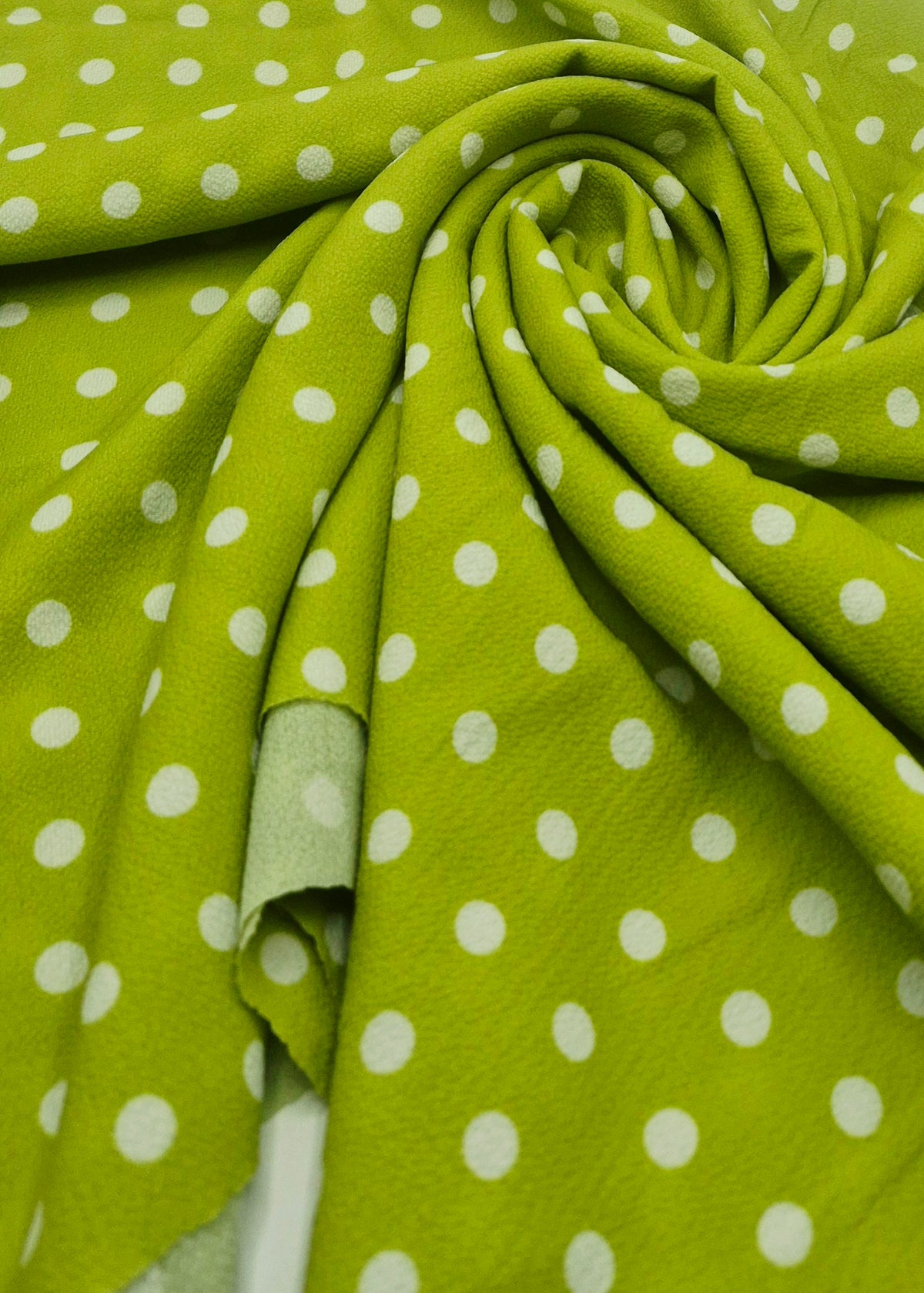 Lime Green Polka Print Lightweight Bubble Crepe Fabric
