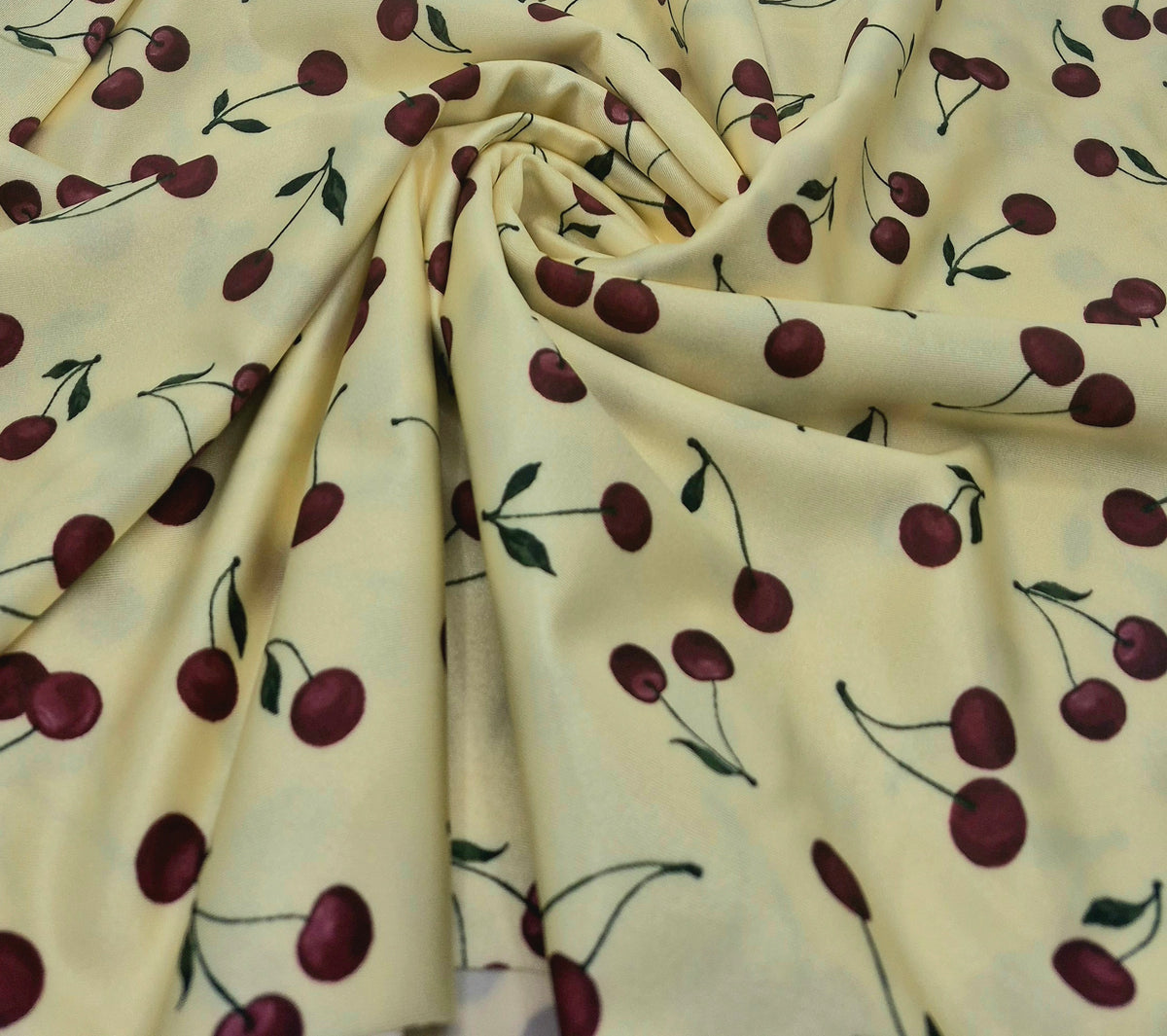 Lemon Yellow Cherry Print Swimwear / Sportswear 4 Way Stretch Fabric )