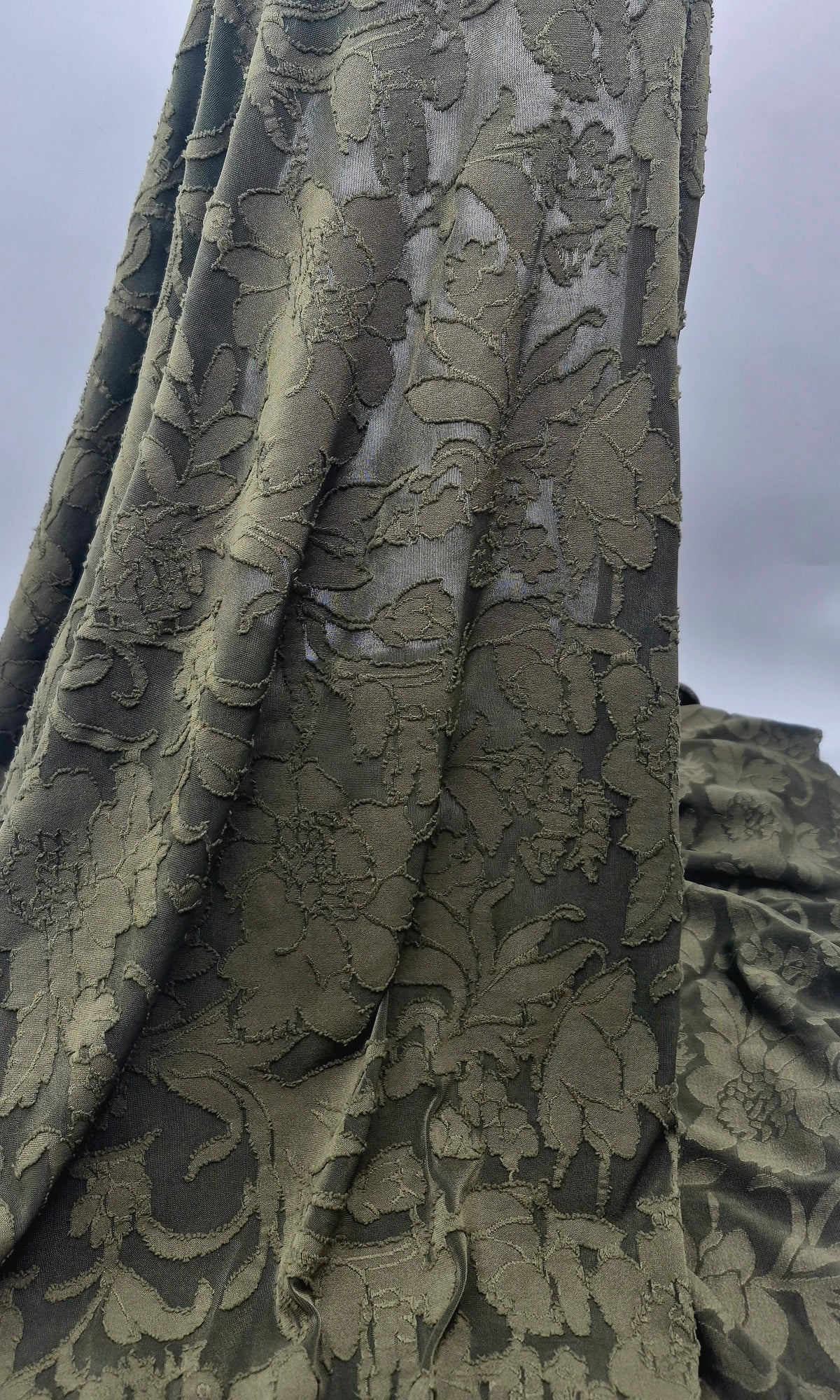 Khaki Floral Burnout Jacquard 2 Way Stretch Fabric