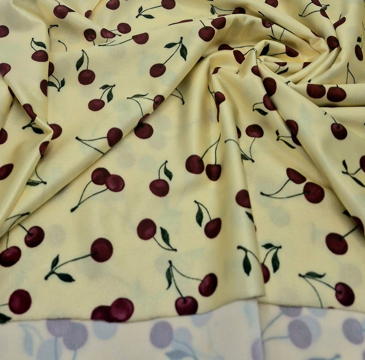 Lemon Yellow Cherry Print Swimwear / Sportswear 4 Way Stretch Fabric )