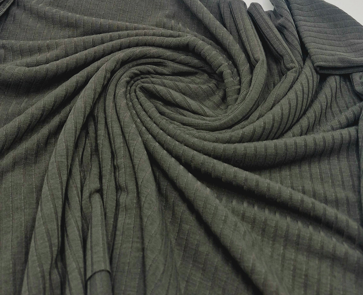 Dark Grey Khaki Lightweight 8x4 Wide Rib Stretch Fabric