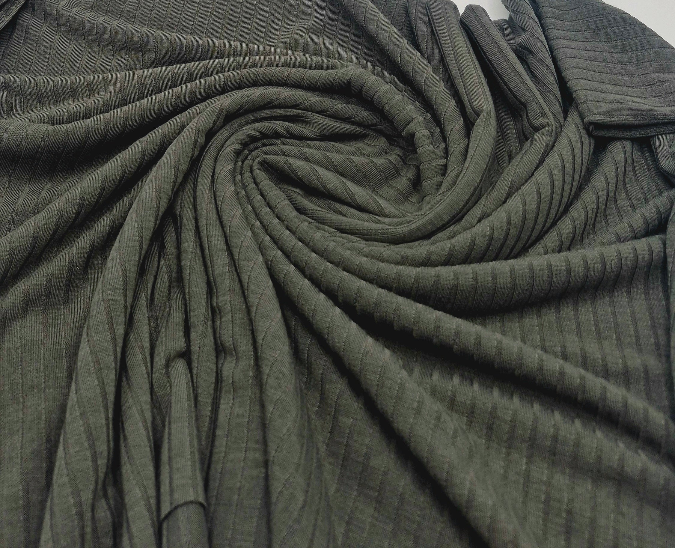 Dark Grey Khaki Lightweight 8x4 Wide Rib Stretch Fabric