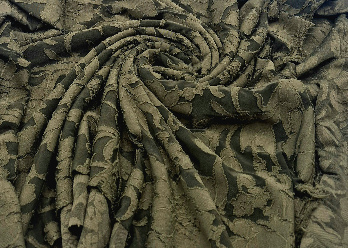 Khaki Floral Burnout Jacquard 2 Way Stretch Fabric