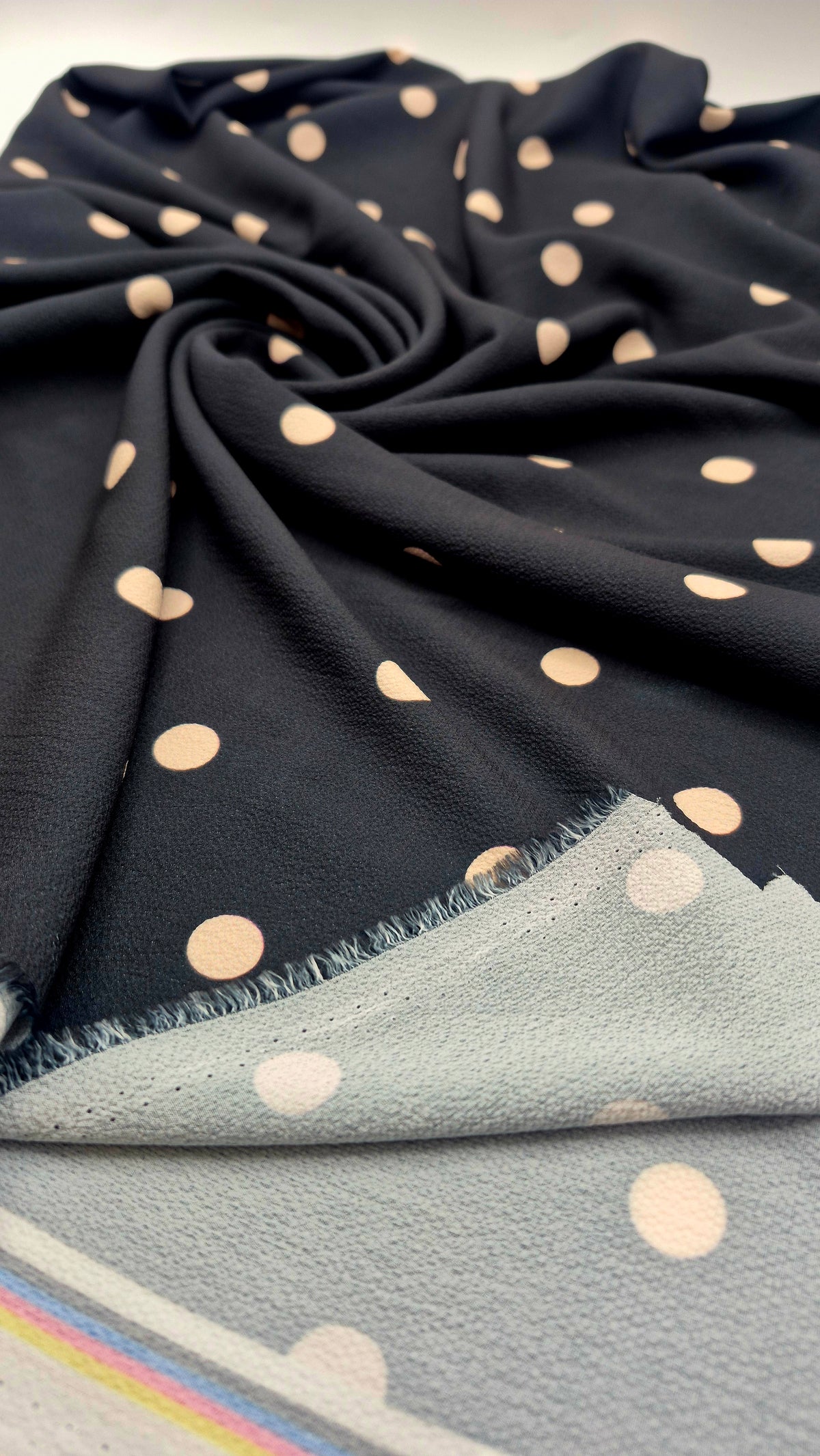 Black Stone Polka Print Lightweight Bubble Crepe Fabric
