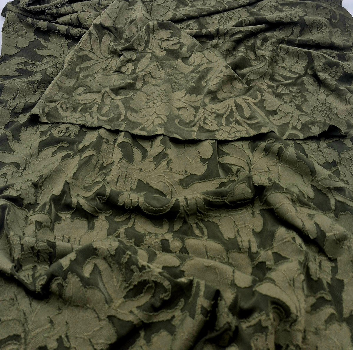 Khaki Floral Burnout Jacquard 2 Way Stretch Fabric
