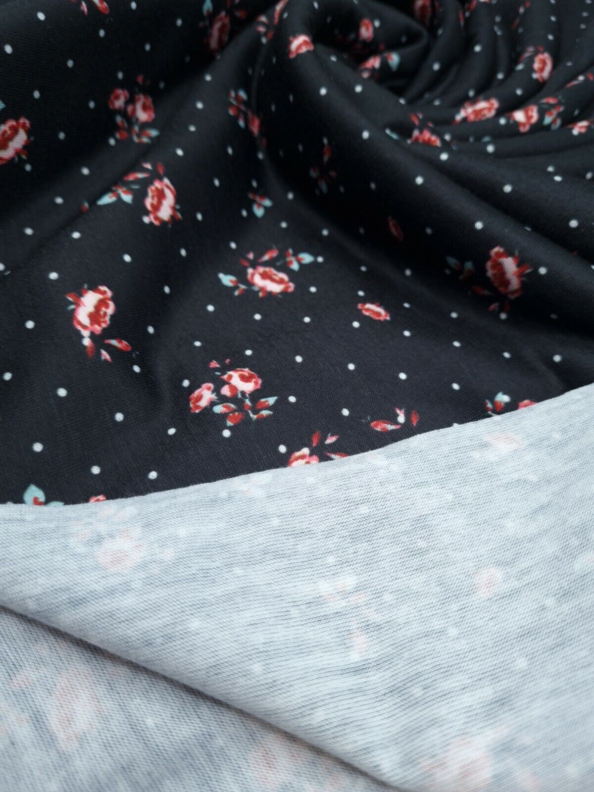 Rose Polka Dot Print Spun Poly Stretch Fabric - T9 Fabrics