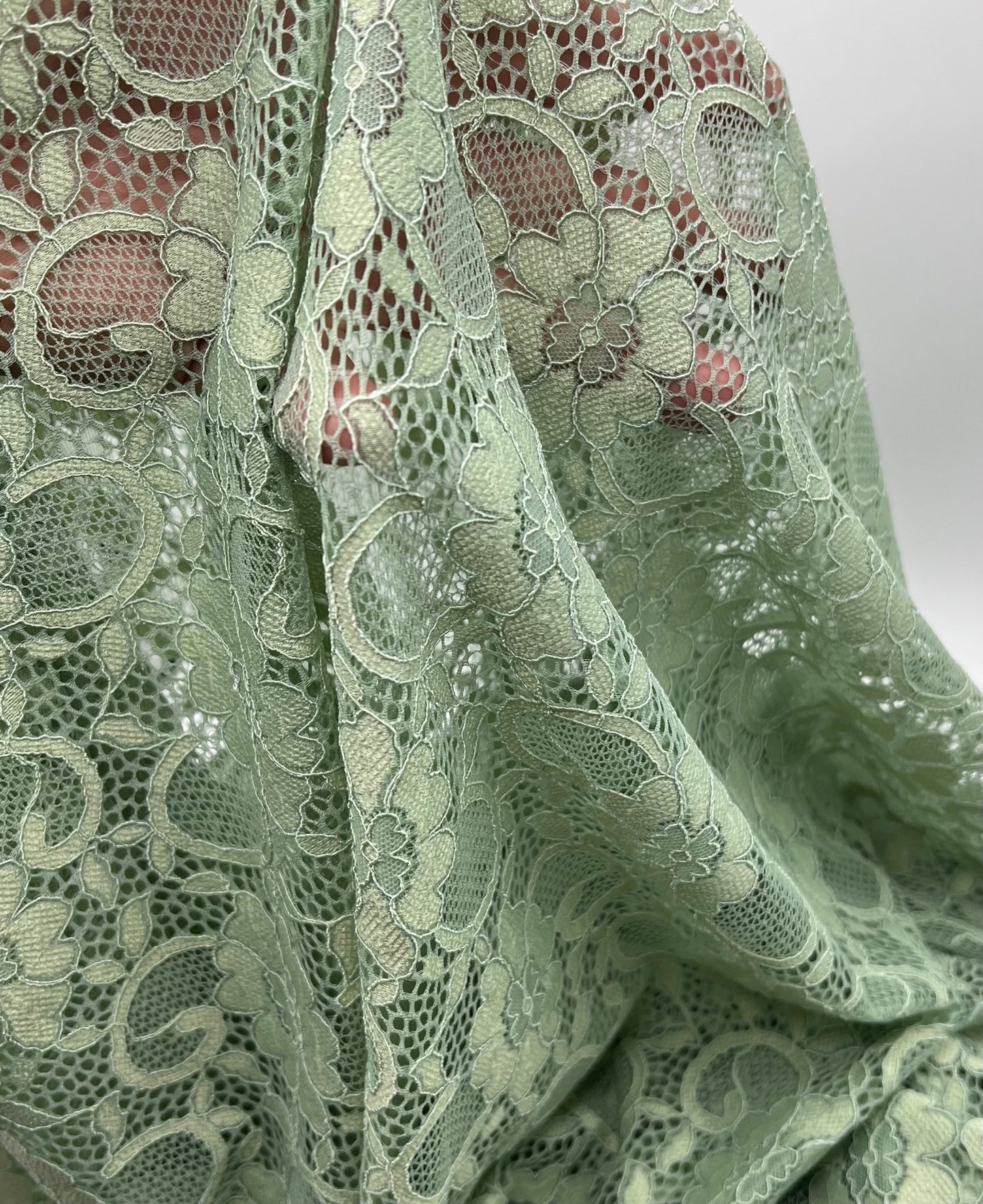 Sage Green Scalloped Edge Floral Lace Fabric Stretch - T9 Fabrics