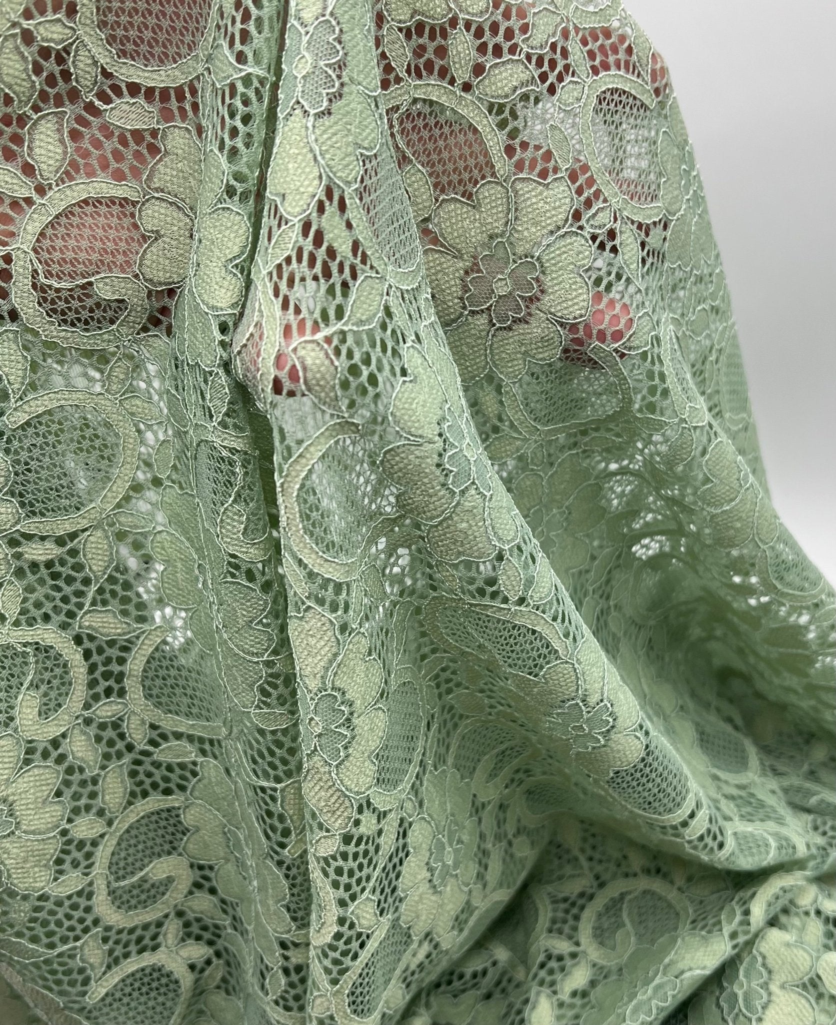 Sage Green Scalloped Edge Floral Lace Fabric Stretch - T9 Fabrics