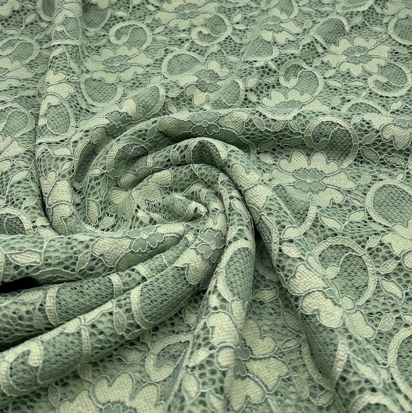 Sage Green Scalloped Edge Floral Lace Fabric Stretch - T9 Fabrics