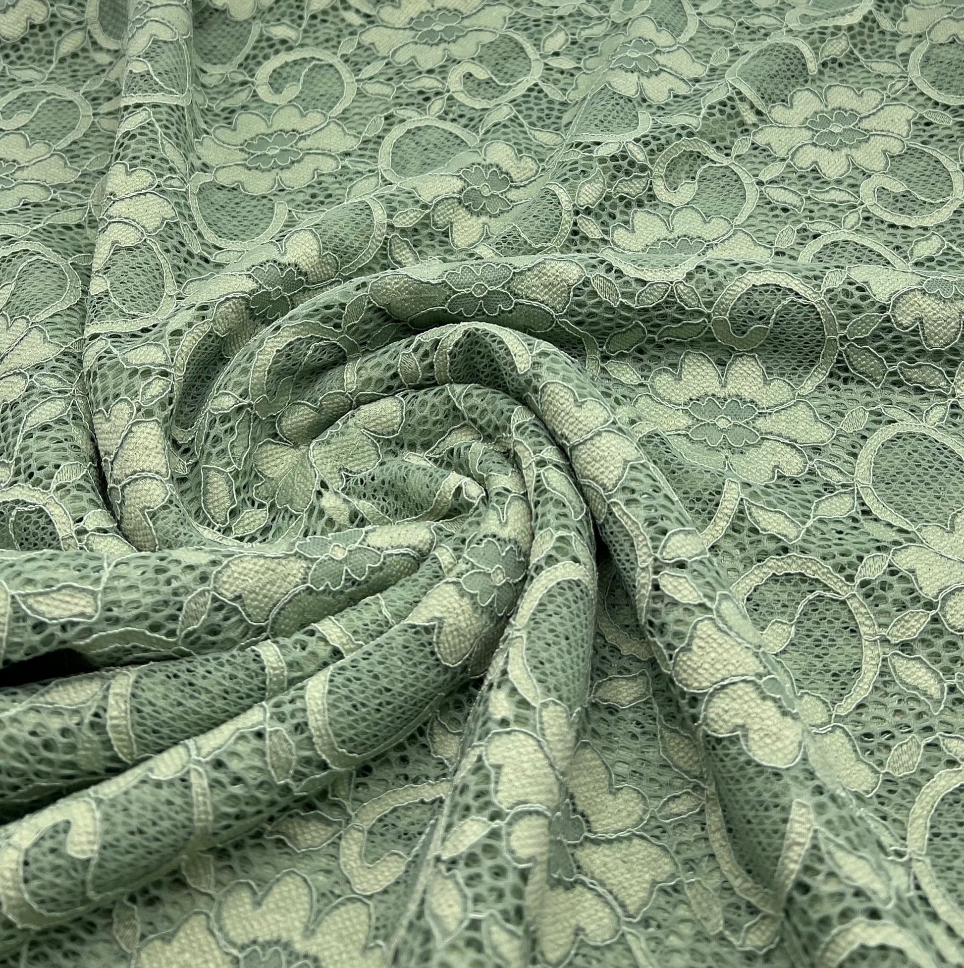 Sage Green Scalloped Edge Floral Lace Fabric Stretch - T9 Fabrics