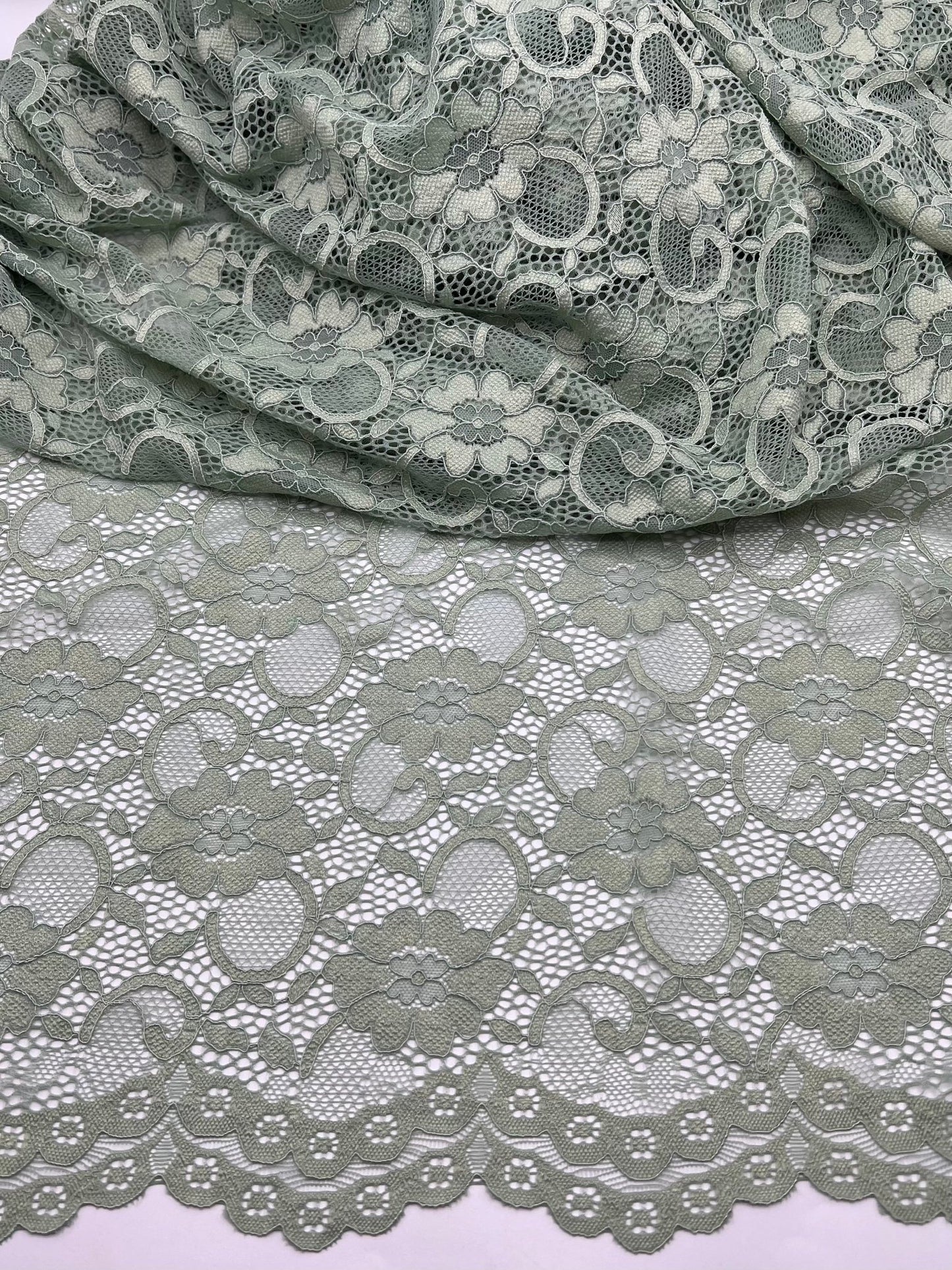 Sage Green Scalloped Edge Floral Lace Fabric Stretch - T9 Fabrics