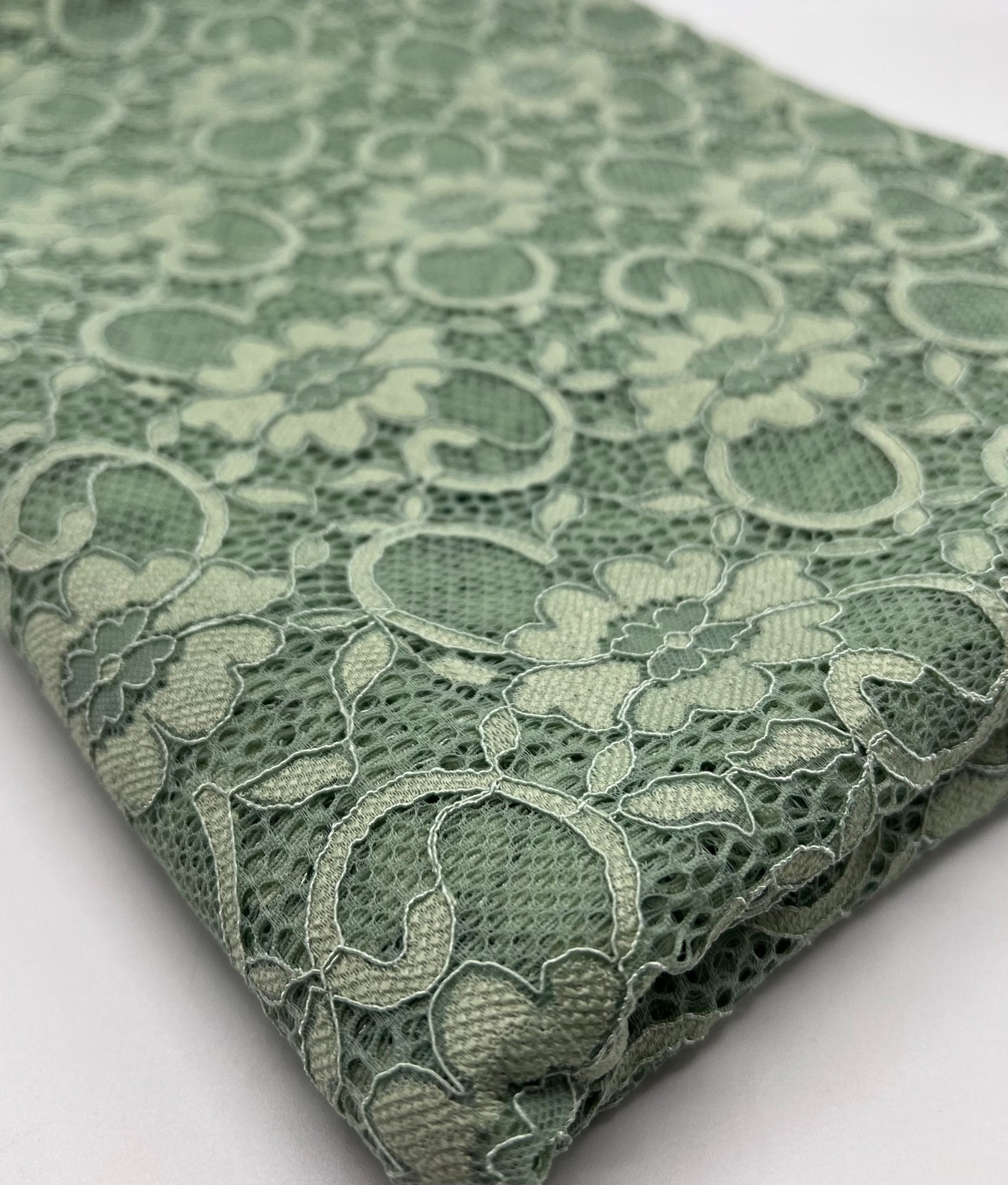 Sage Green Scalloped Edge Floral Lace Fabric Stretch - T9 Fabrics