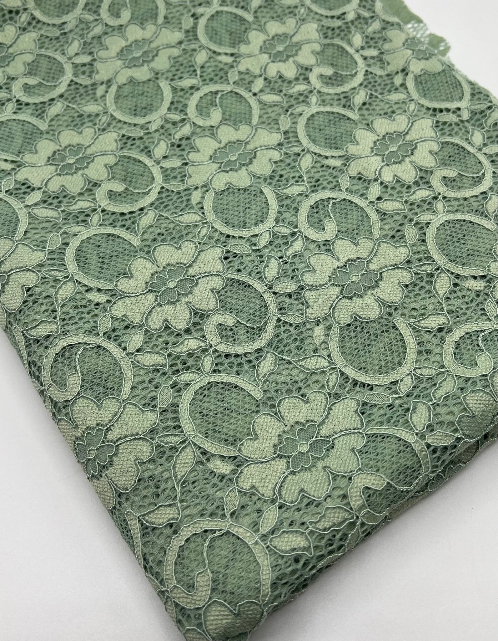 Sage Green Scalloped Edge Floral Lace Fabric Stretch - T9 Fabrics