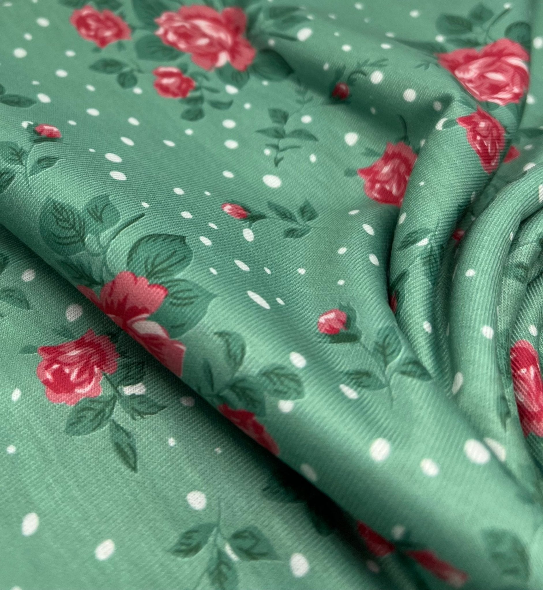 Sage Rose Print Spun Poly Stretch Fabric - T9 Fabrics