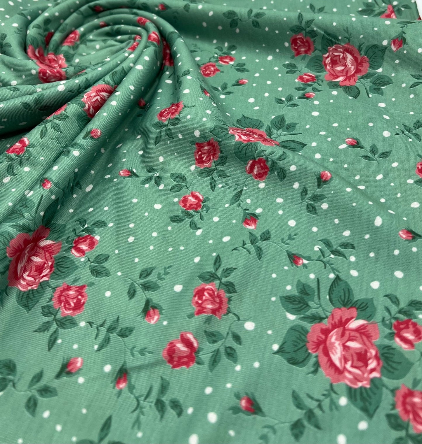 Sage Rose Print Spun Poly Stretch Fabric - T9 Fabrics