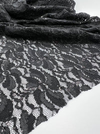 Sequin Black Scalloped Edge Floral Lace Fabric Stretch - T9 Fabrics